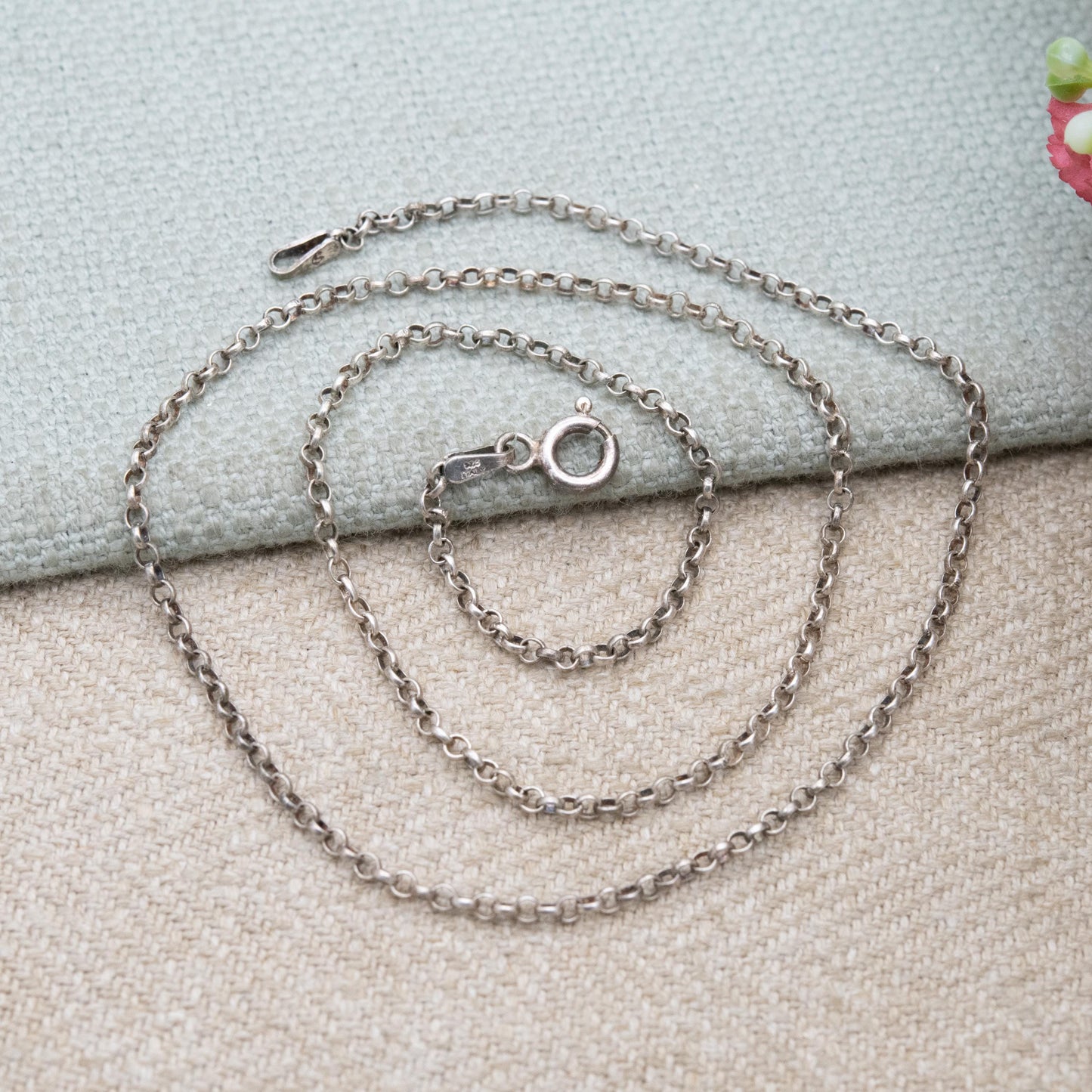 Vintage Italian Sterling Silver Belcher Chain Necklace 16" - Short Rolo Link Silver Trace Chain