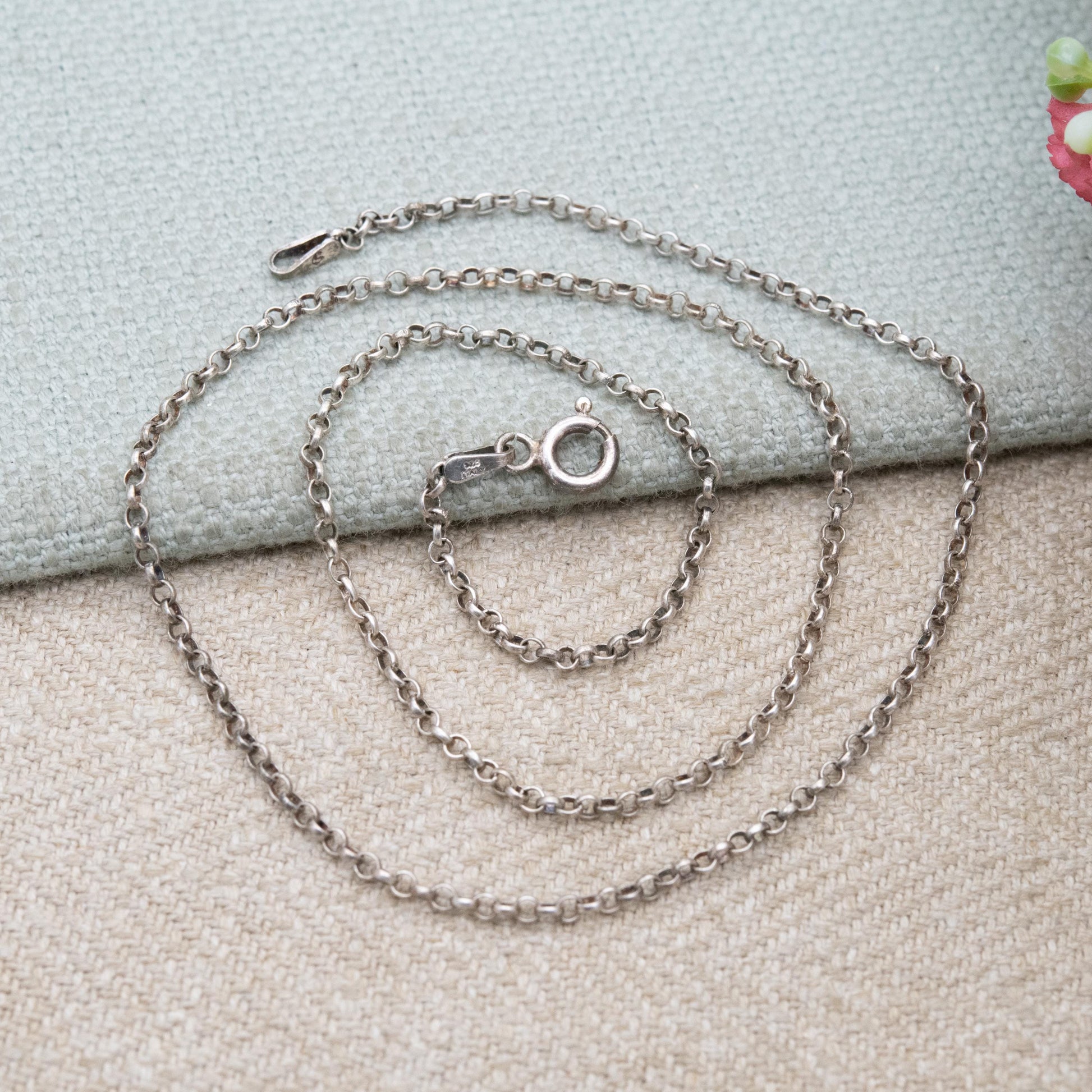 Vintage Italian Sterling Silver Belcher Chain Necklace 16" - Short Rolo Link Silver Trace Chain