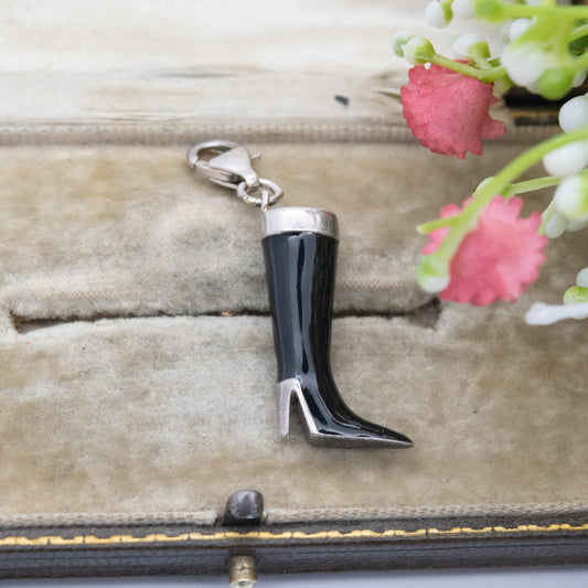 Sterling Silver Black Enamel High Heel Boot Charm Pendant - Gift for Charm Bracelet Necklace