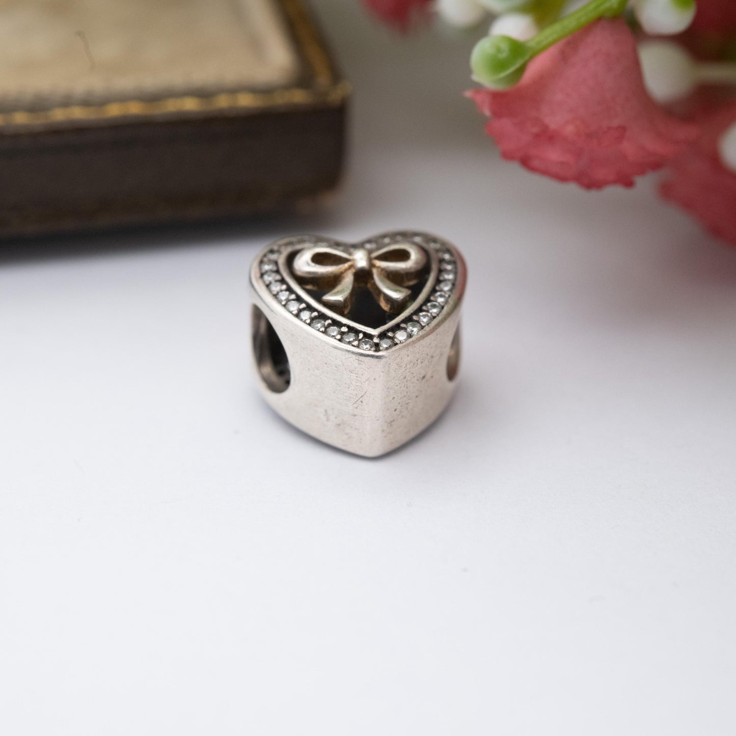 Pandora Sterling Silver White Stone Bound By Love Charm Pendant - Love Heart Bow | Gift for Charm Bracelet Necklace