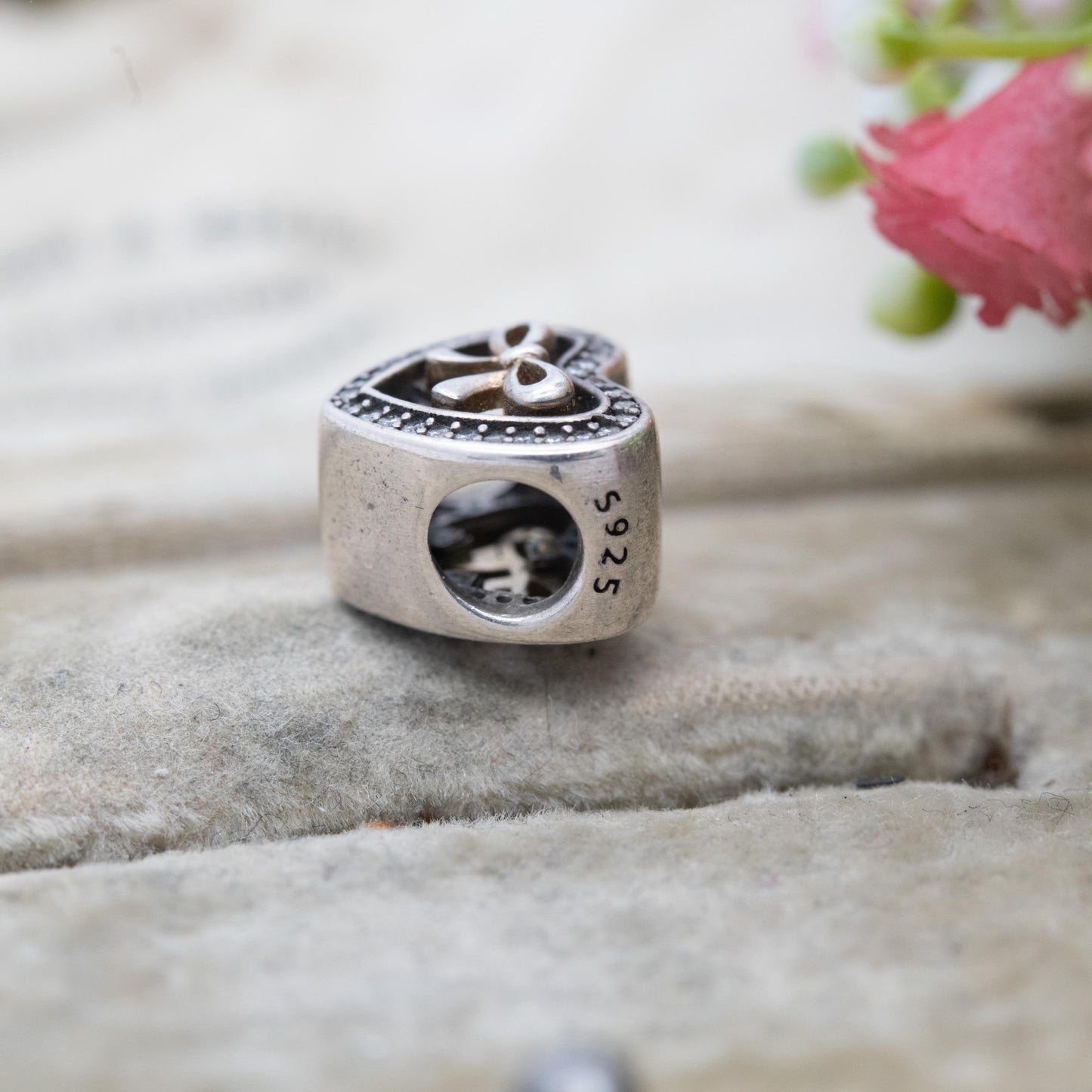 Pandora Sterling Silver White Stone Bound By Love Charm Pendant - Love Heart Bow | Gift for Charm Bracelet Necklace