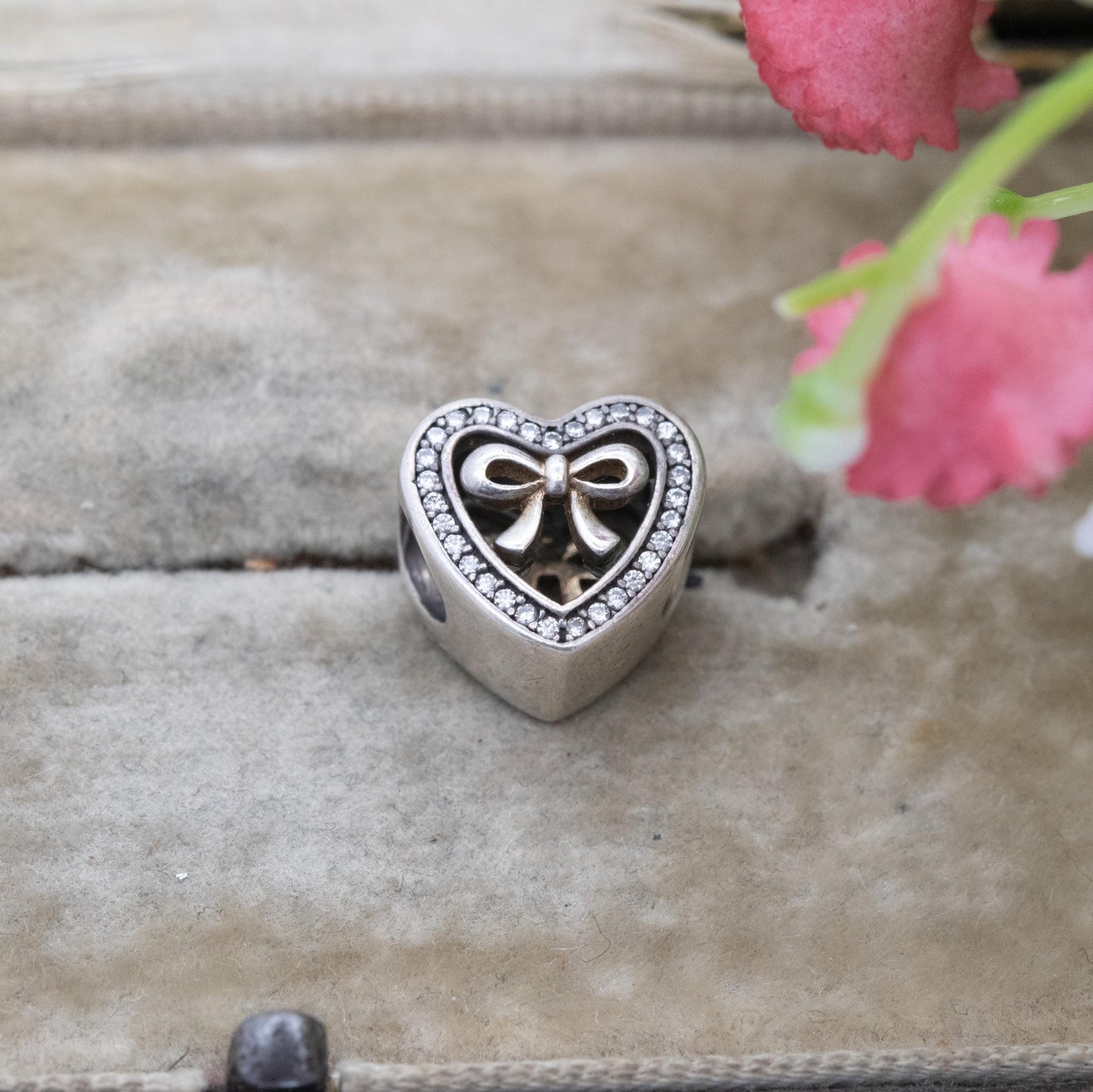 Pandora Sterling Silver White Stone Bound By Love Charm Pendant - Love Heart Bow | Gift for Charm Bracelet Necklace