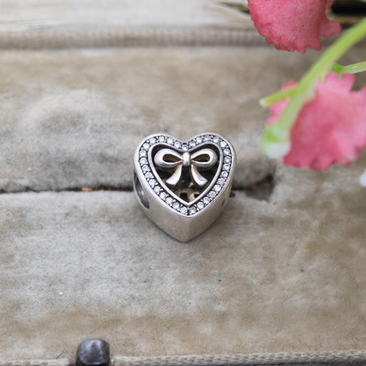 Pandora Sterling Silver White Stone Bound By Love Charm Pendant - Love Heart Bow | Gift for Charm Bracelet Necklace