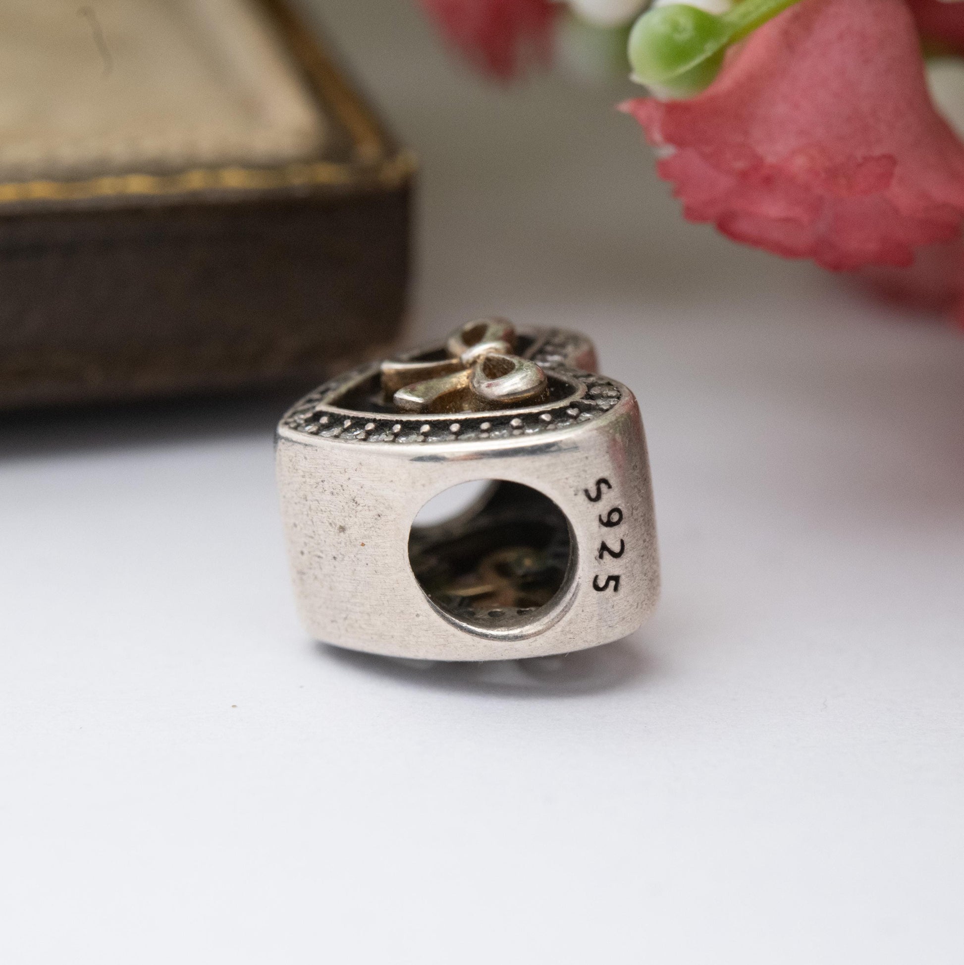 Pandora Sterling Silver White Stone Bound By Love Charm Pendant - Love Heart Bow | Gift for Charm Bracelet Necklace