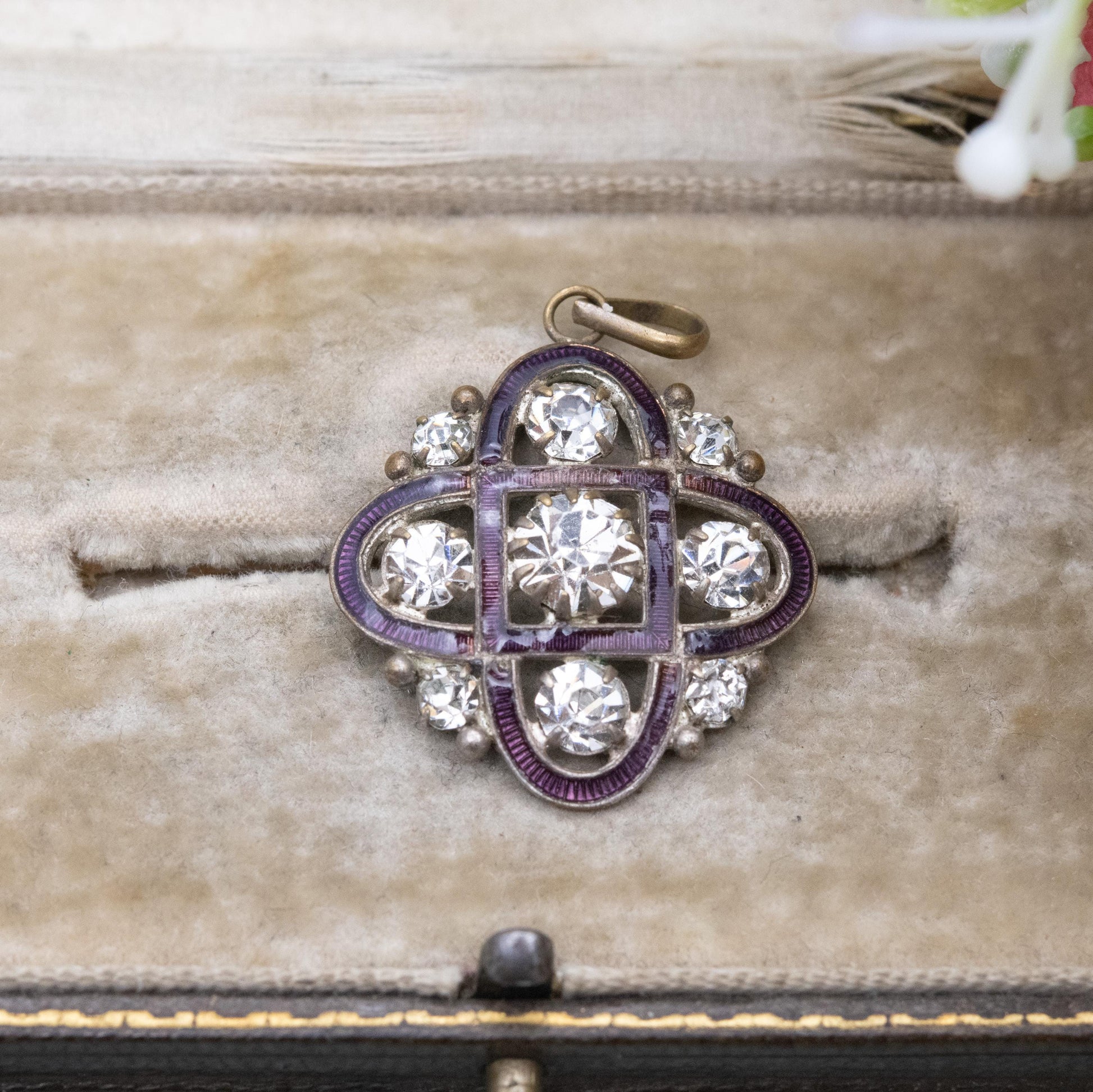 Antique Edwardian Paste and Guilloché Enamel Pendant - Rounded Square Openwork Cross Charm