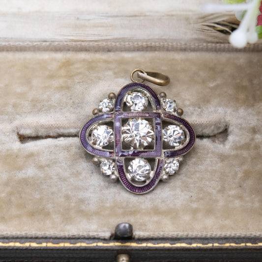 Antique Edwardian Paste and Guilloché Enamel Pendant - Rounded Square Openwork Cross Charm