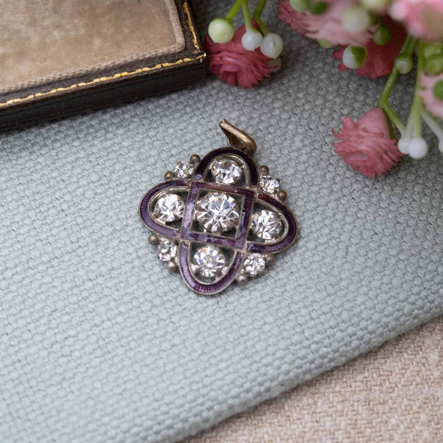 Antique Edwardian Paste and Guilloché Enamel Pendant - Rounded Square Openwork Cross Charm