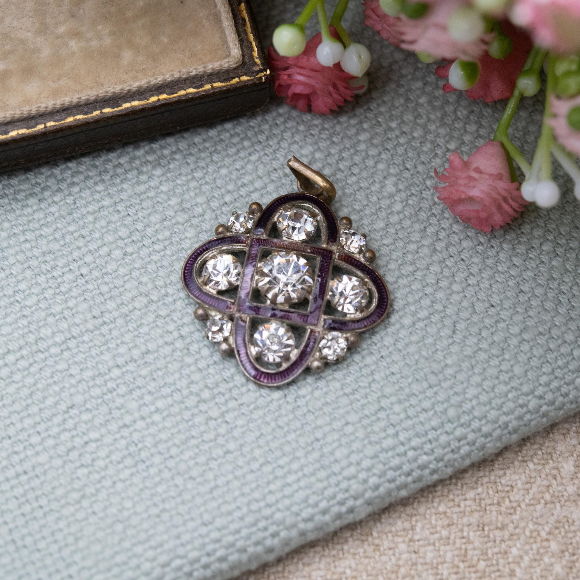 Antique Edwardian Paste and Guilloché Enamel Pendant - Rounded Square Openwork Cross Charm