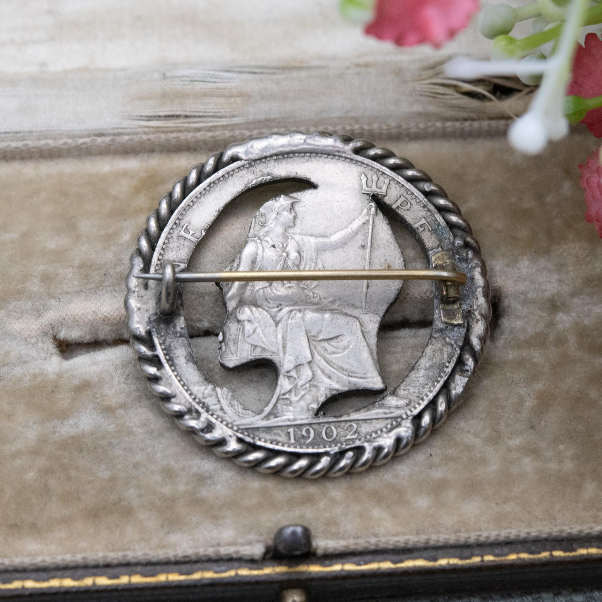 Antique 1902 Edward VII One Penny Cut Out Coin Brooch - Silver Plated Copper Coin Jewellery