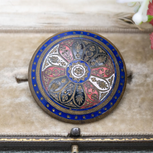Antique Enamel Brooch - Pressed Metal Domed Circle Shape | Victorian Era