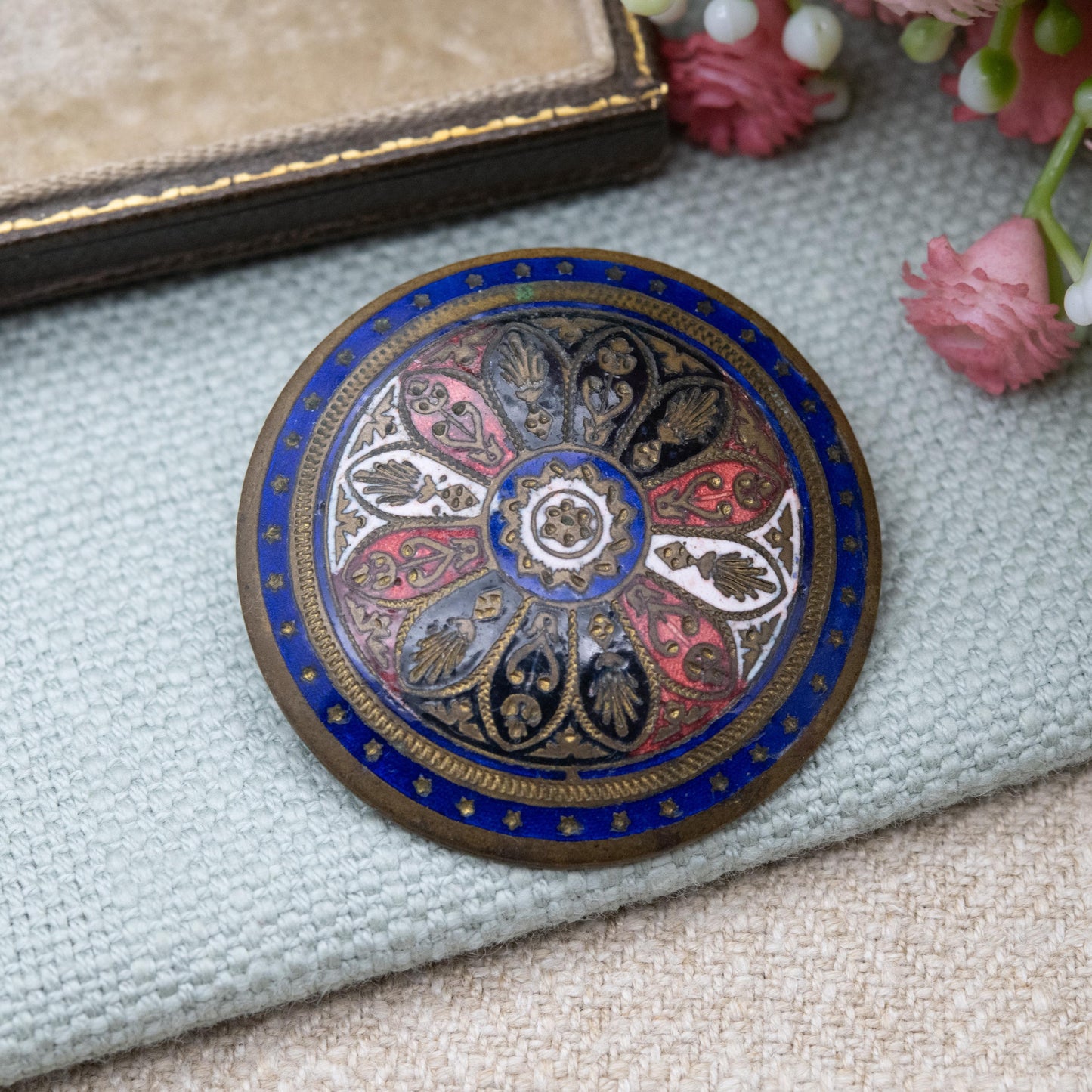 Antique Enamel Brooch - Pressed Metal Domed Circle Shape | Victorian Era