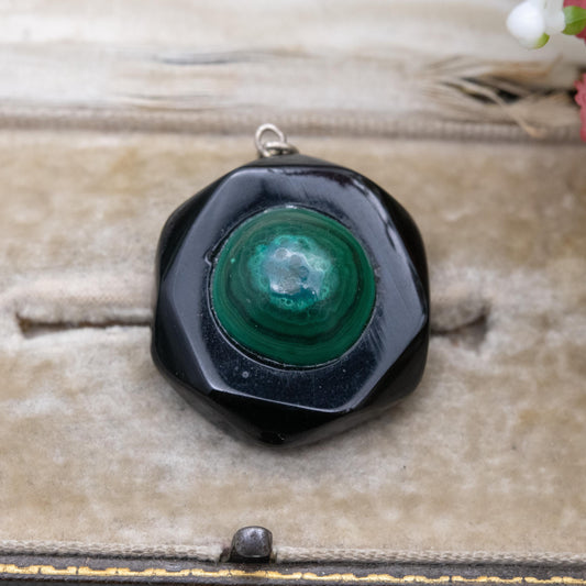Antique Victorian Jet and Malachite Pendant - Black and Green Gemstone Inlay