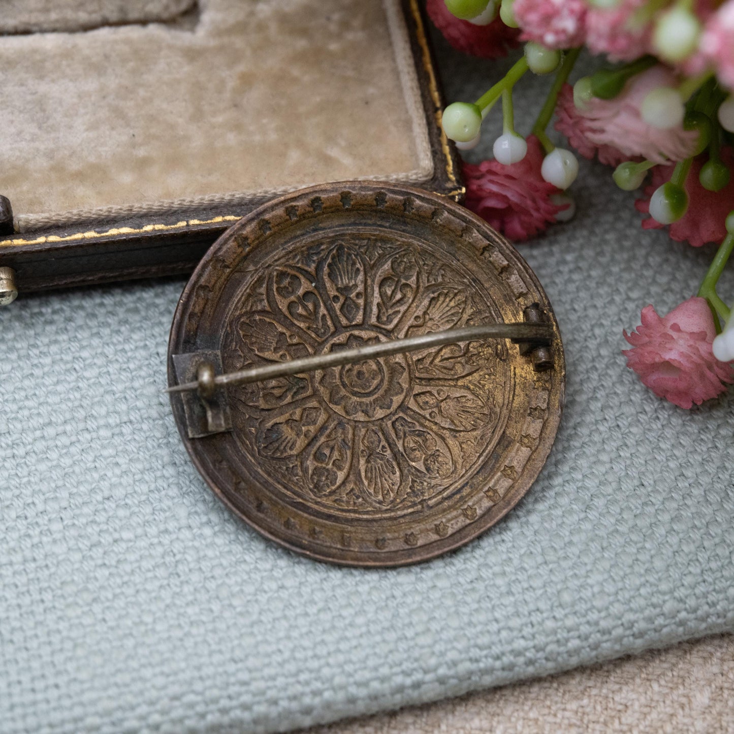 Antique Enamel Brooch - Pressed Metal Domed Circle Shape | Victorian Era