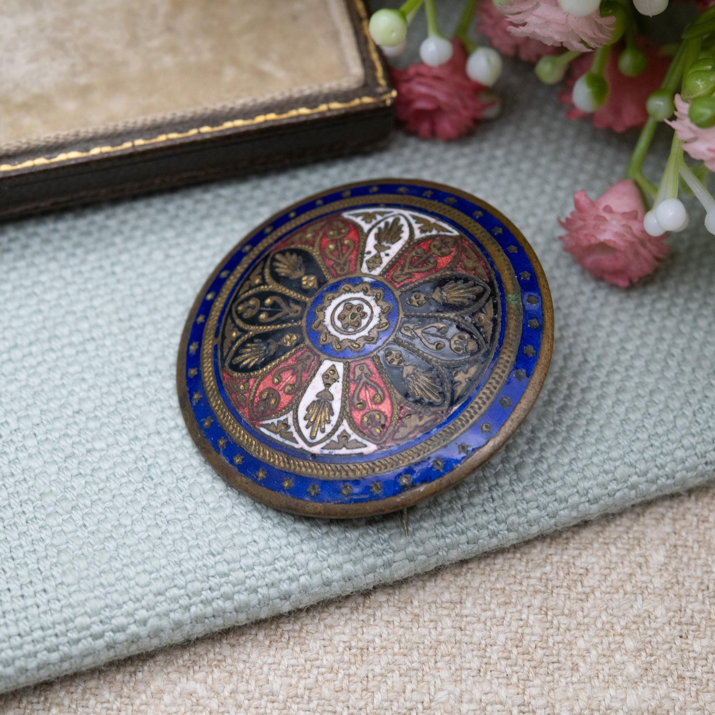 Antique Enamel Brooch - Pressed Metal Domed Circle Shape | Victorian Era