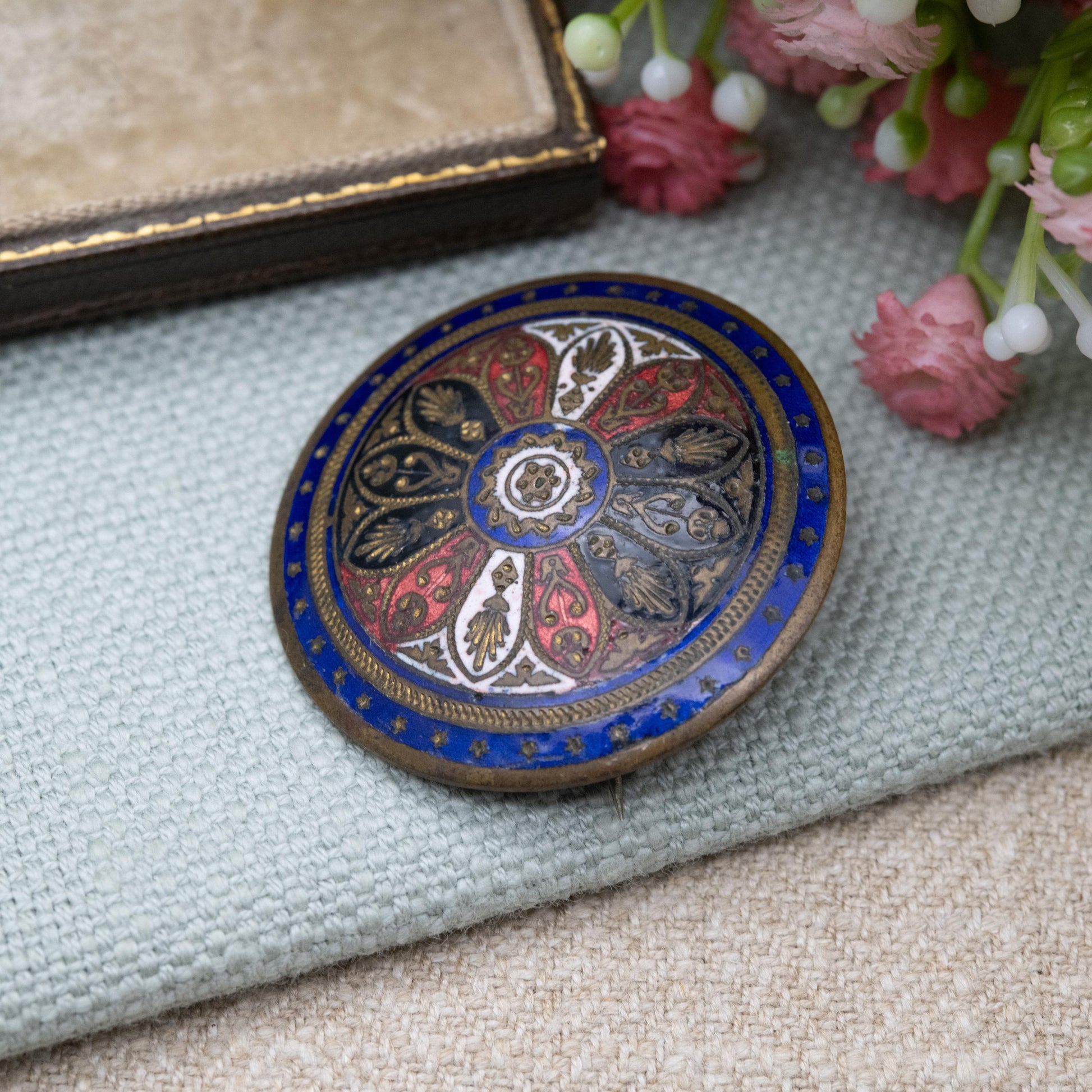 Antique Enamel Brooch - Pressed Metal Domed Circle Shape | Victorian Era