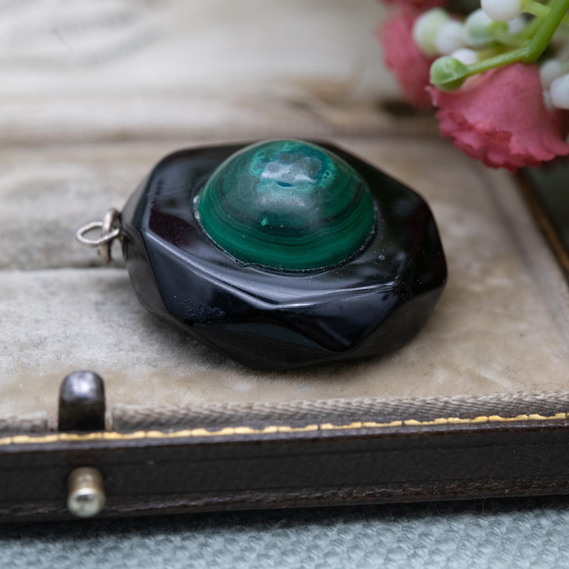 Antique Victorian Jet and Malachite Pendant - Black and Green Gemstone Inlay