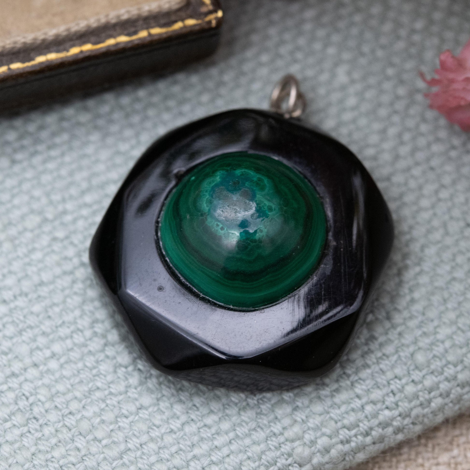 Antique Victorian Jet and Malachite Pendant - Black and Green Gemstone Inlay