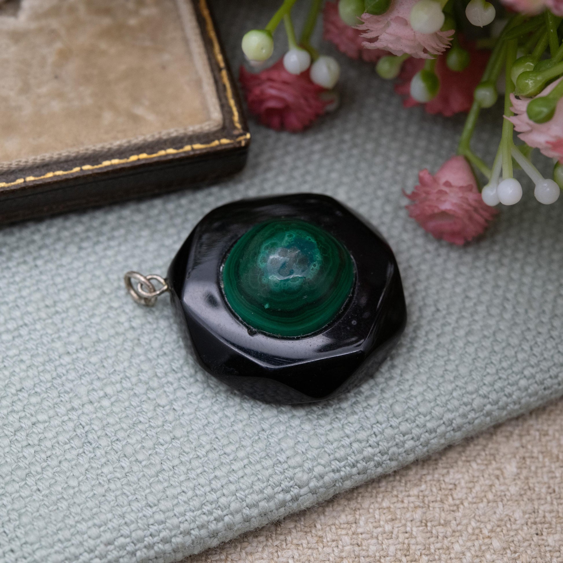 Antique Victorian Jet and Malachite Pendant - Black and Green Gemstone Inlay