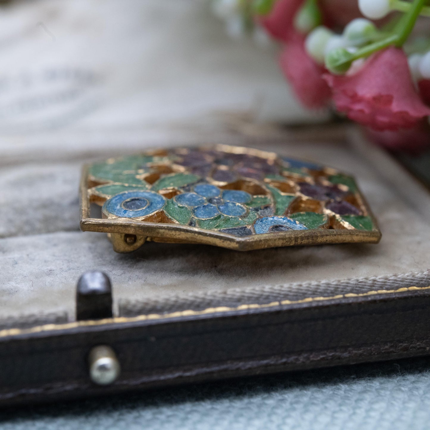 Vintage Art Deco Enamel Flowers Single Dress Clip c. 1930s