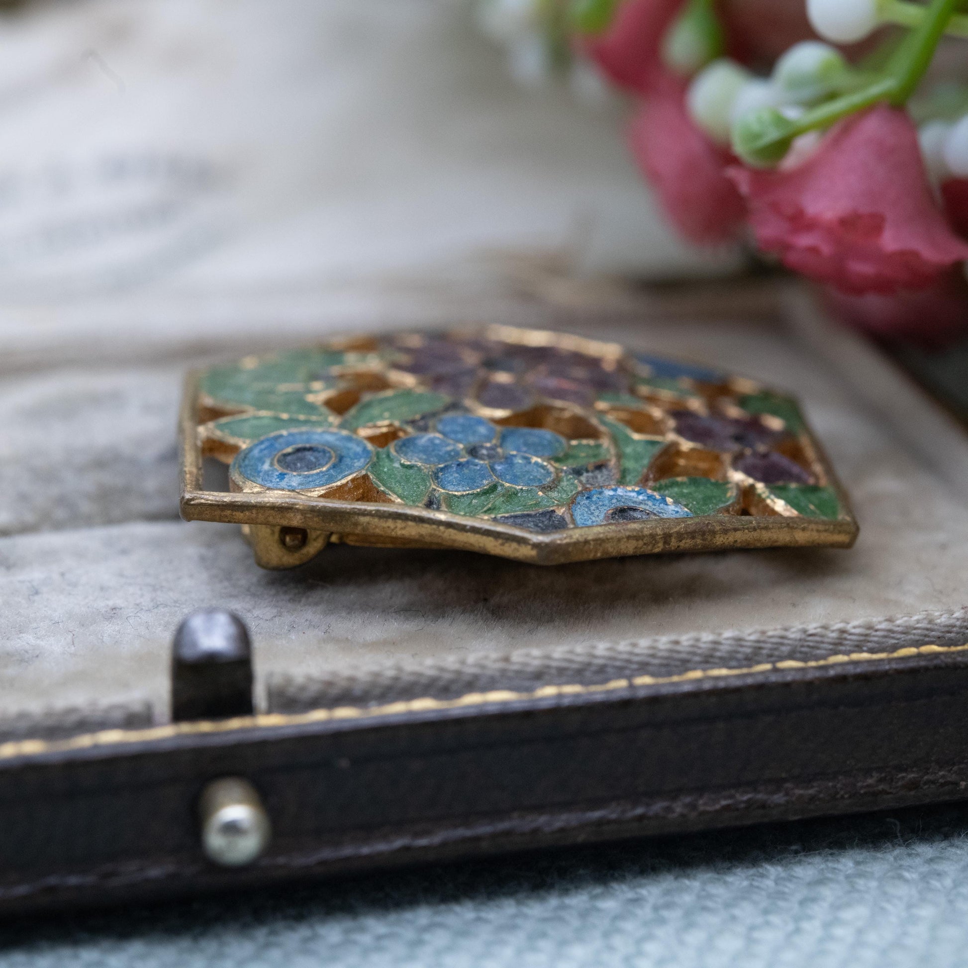 Vintage Art Deco Enamel Flowers Single Dress Clip c. 1930s