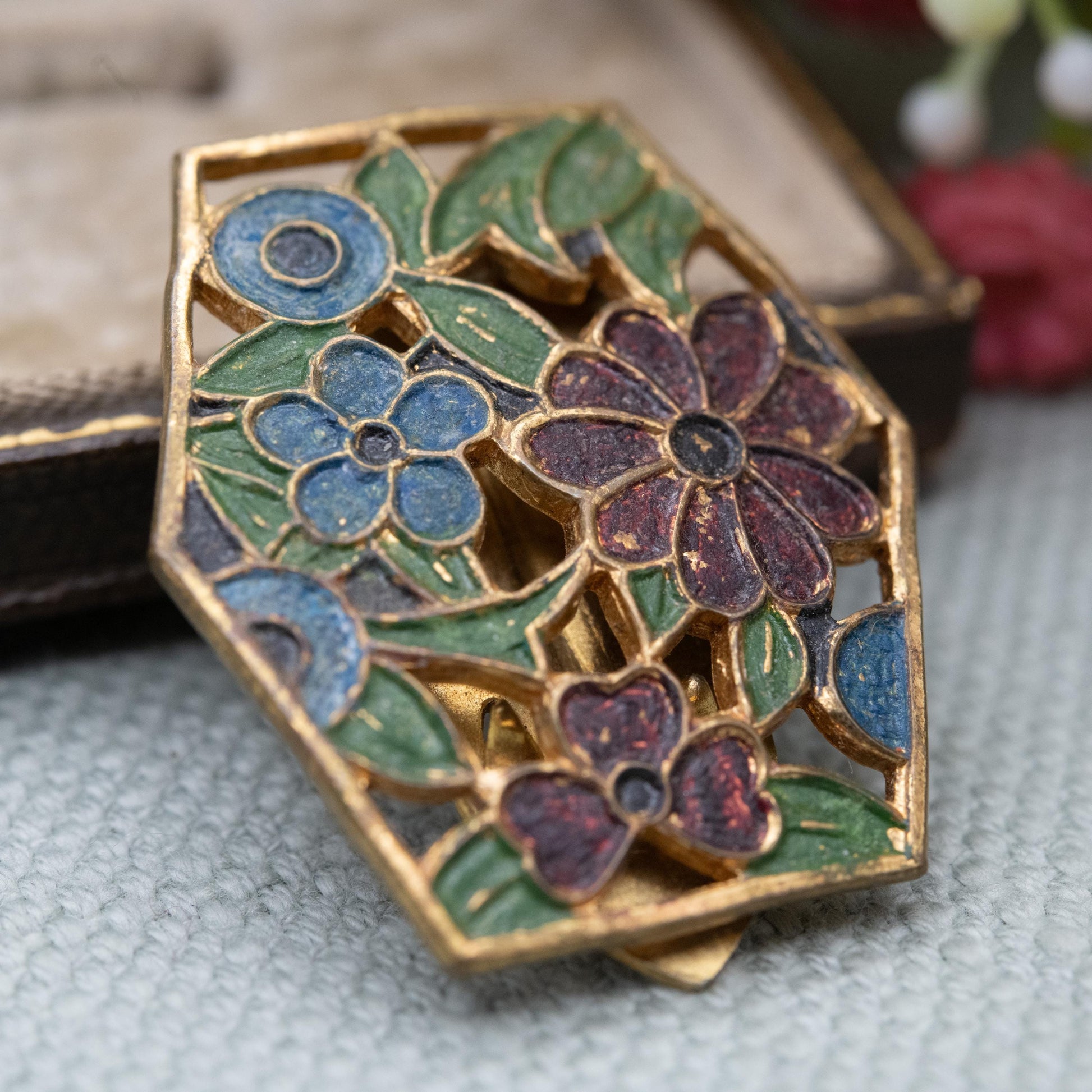 Vintage Art Deco Enamel Flowers Single Dress Clip c. 1930s