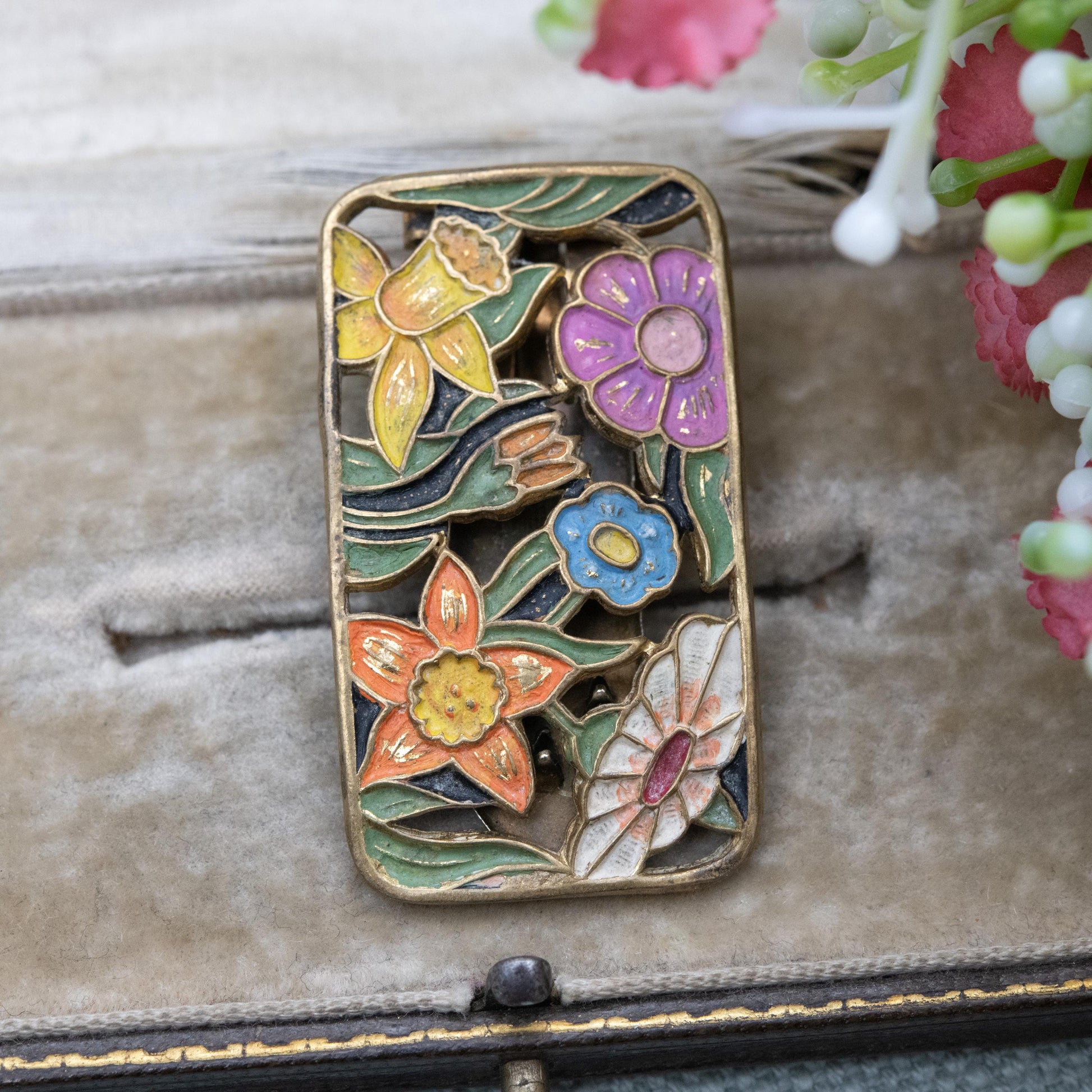 Vintage Art Deco Enamel Flowers Single Dress Clip c. 1930s