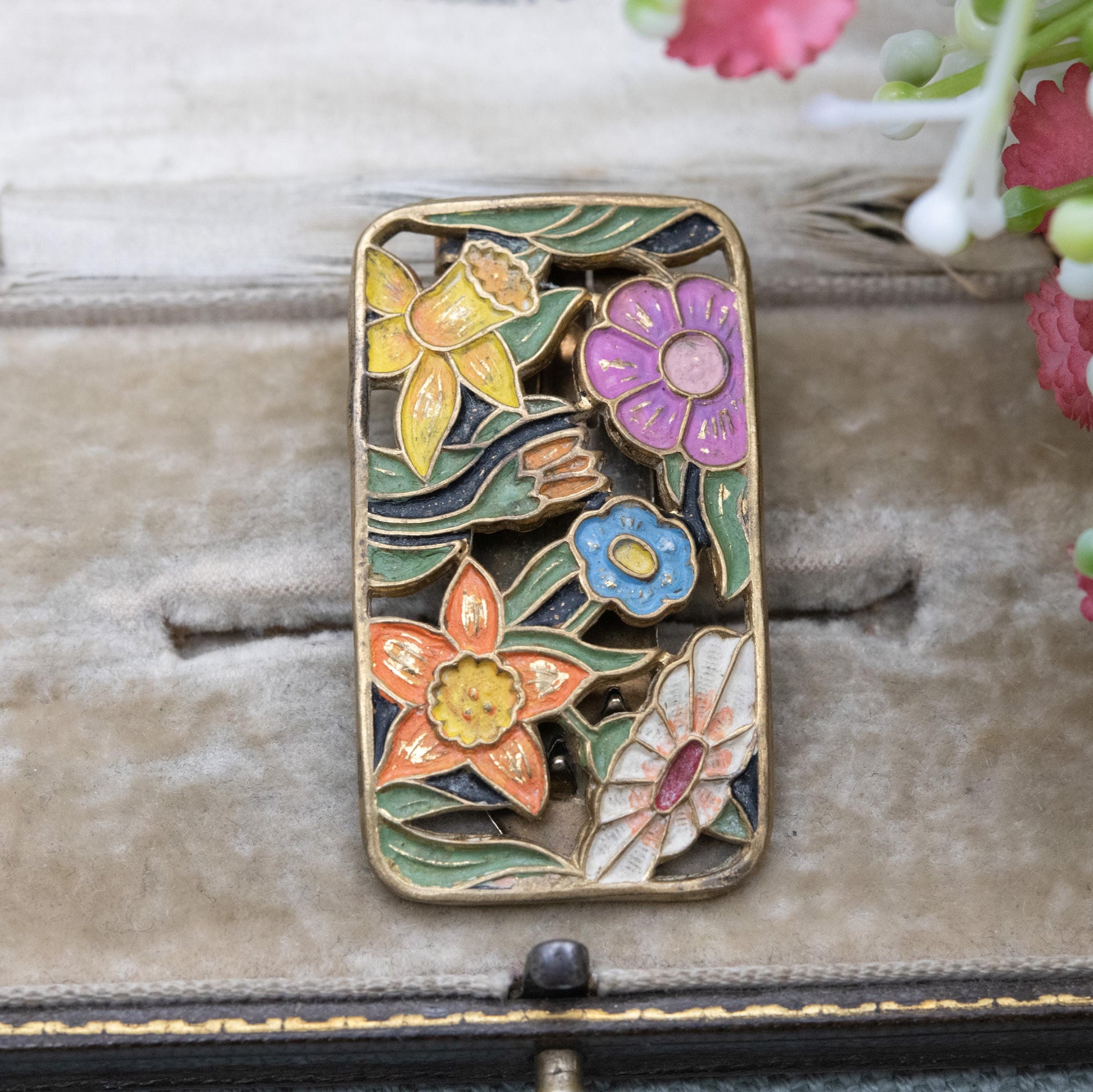 Vintage Art Deco Enamel Flowers Single Dress Clip c. 1930s