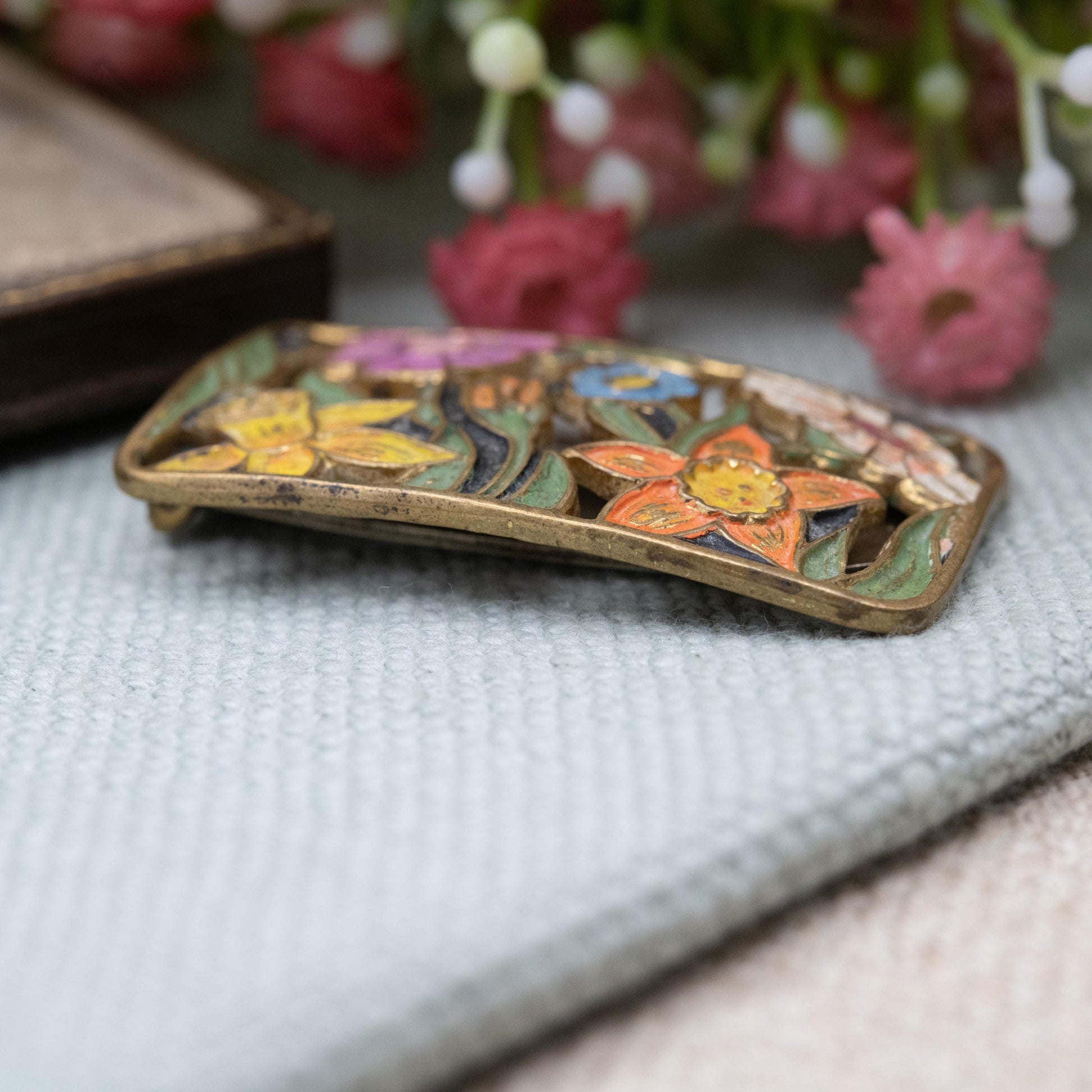 Vintage Art Deco Enamel Flowers Single Dress Clip c. 1930s
