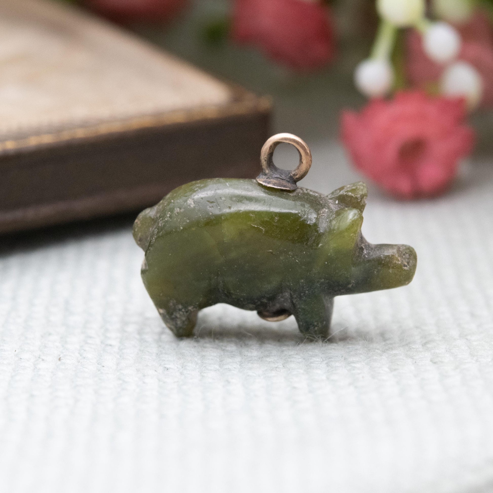 Antique Victorian Carved Connemara Marble Pig Pendant with Gold Bale