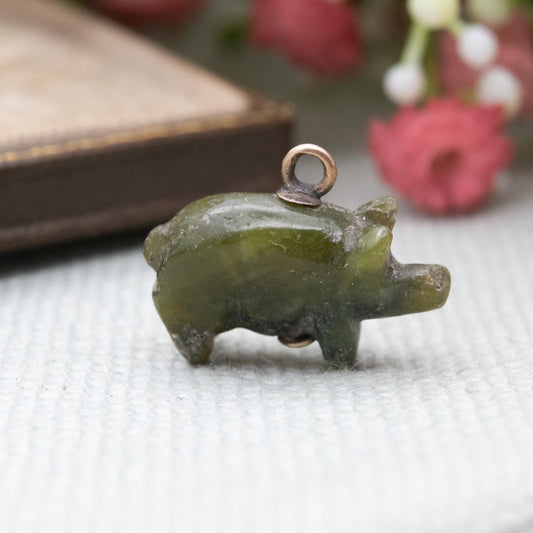 Antique Victorian Carved Connemara Marble Pig Pendant with Gold Bale