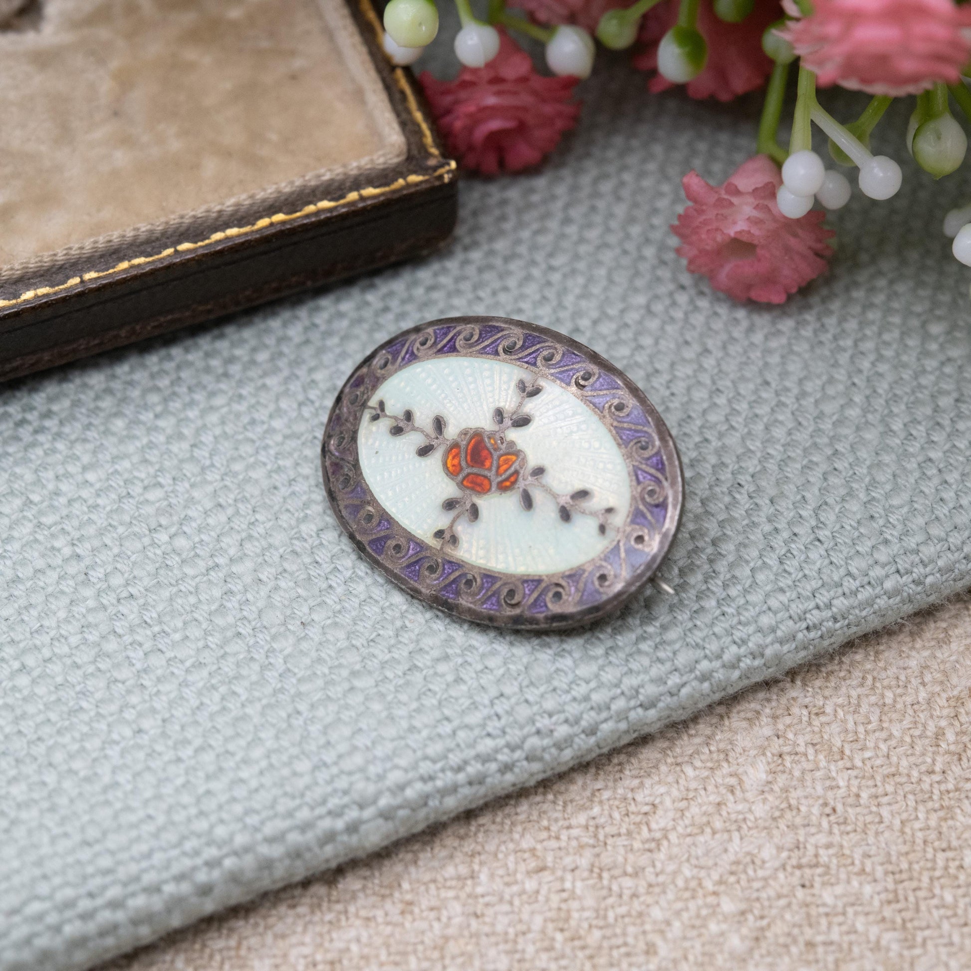 Antique Guilloche Enamel Rose Brooch with Purple and Red Design c. 1900s Edwardian