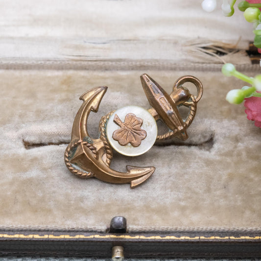 Antique Victorian Three Leaf Clover Anchor Brooch with Mother of Pearl c. 1890s