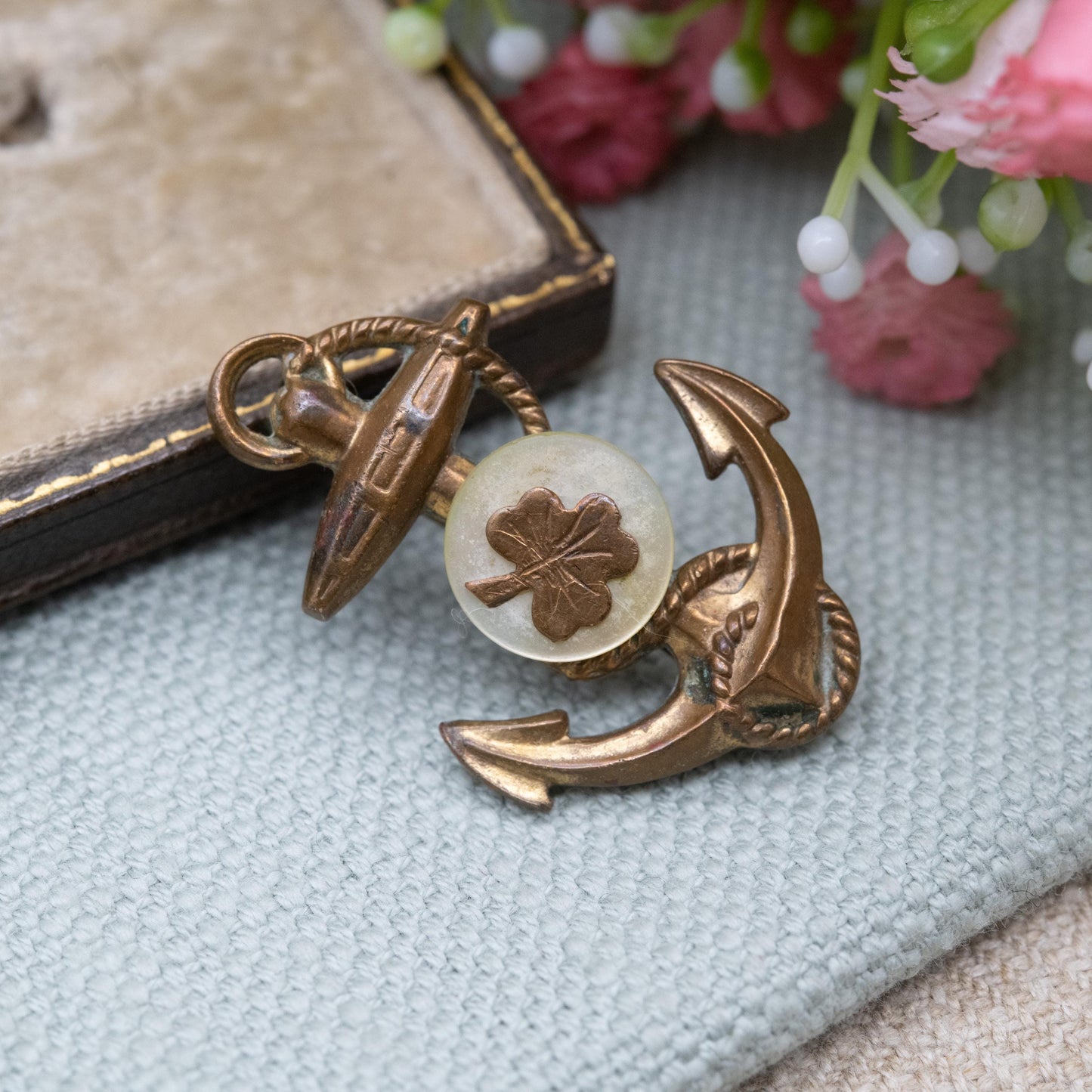 Antique Victorian Three Leaf Clover Anchor Brooch with Mother of Pearl c. 1890s