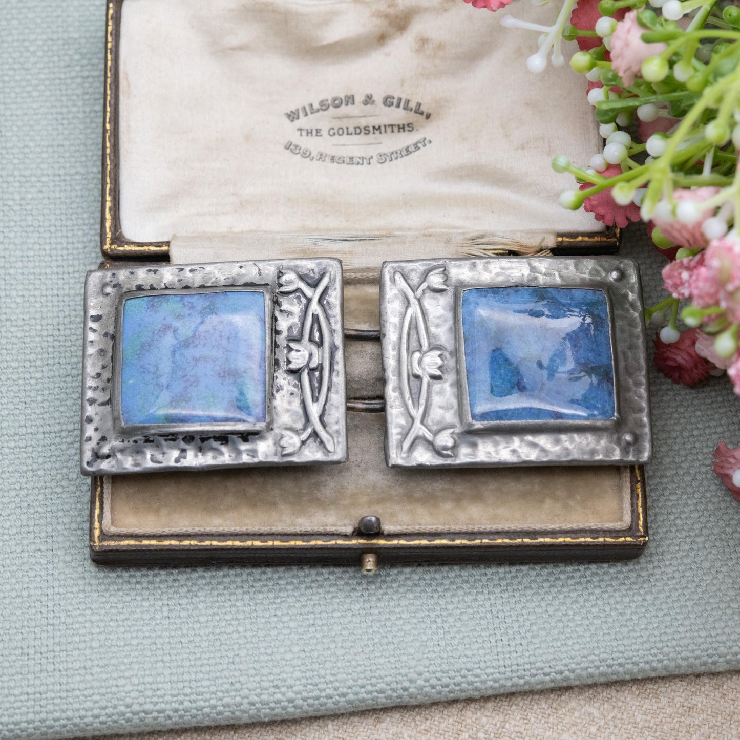 Antique Arts and Crafts Pewter Belt Buckle with Blue Ruskin Enamel and Flower Pattern c. 1900s