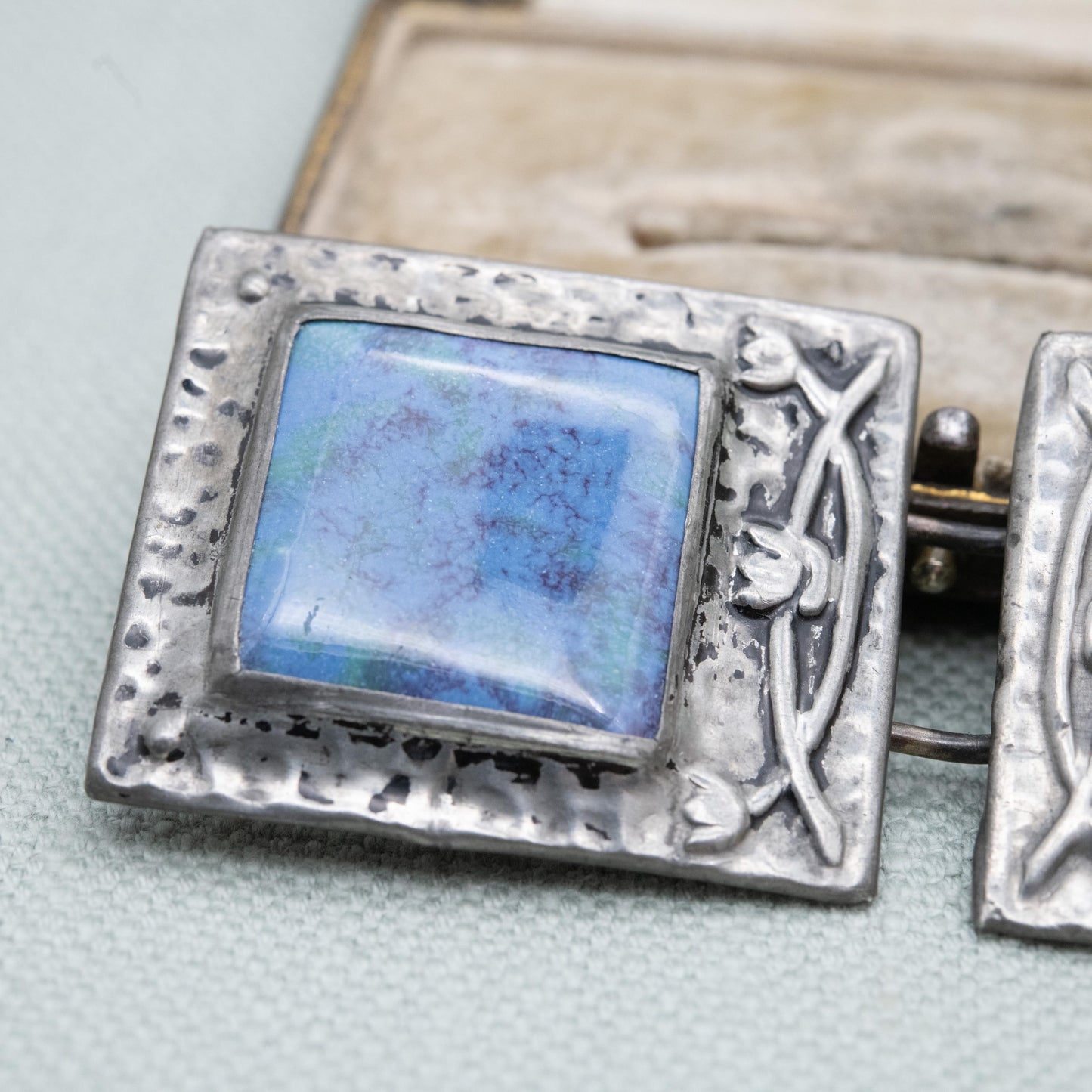 Antique Arts and Crafts Pewter Belt Buckle with Blue Ruskin Enamel and Flower Pattern c. 1900s