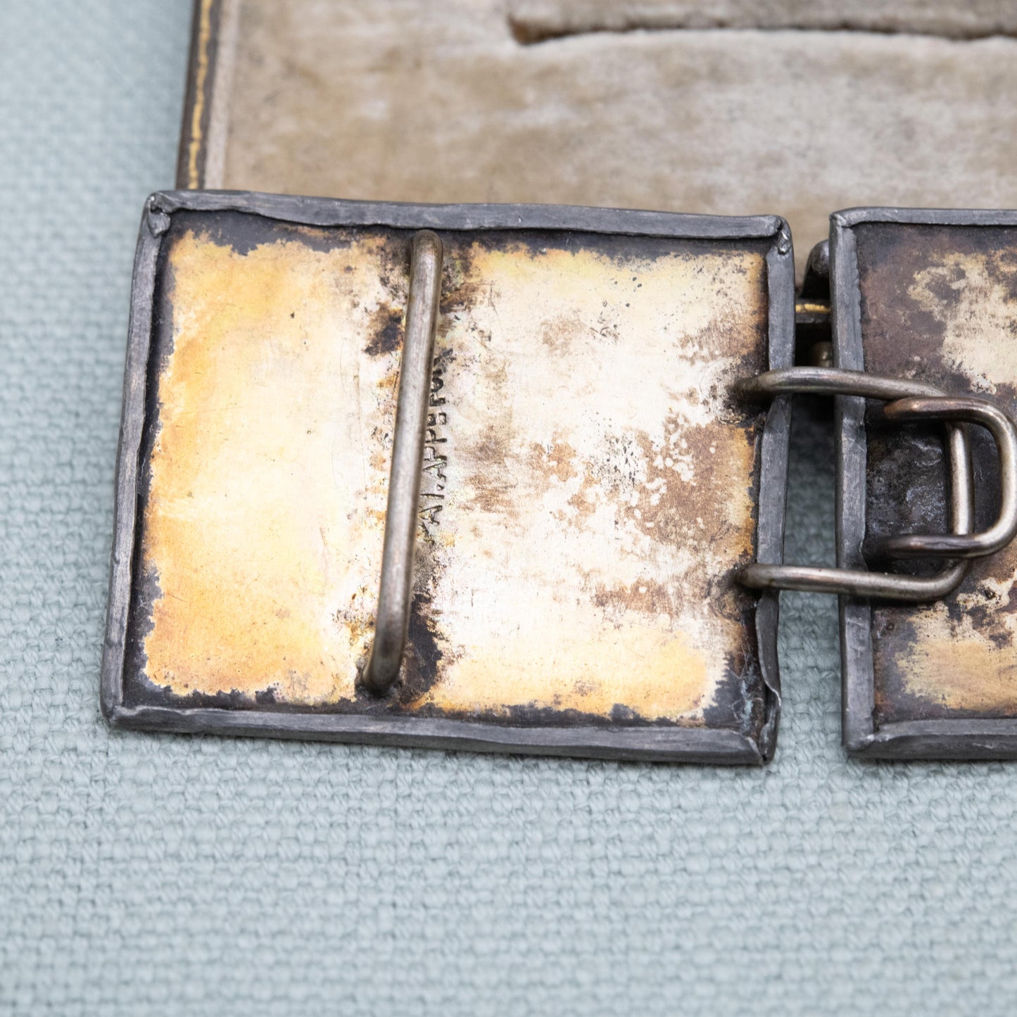 Antique Arts and Crafts Pewter Belt Buckle with Blue Ruskin Enamel and Flower Pattern c. 1900s