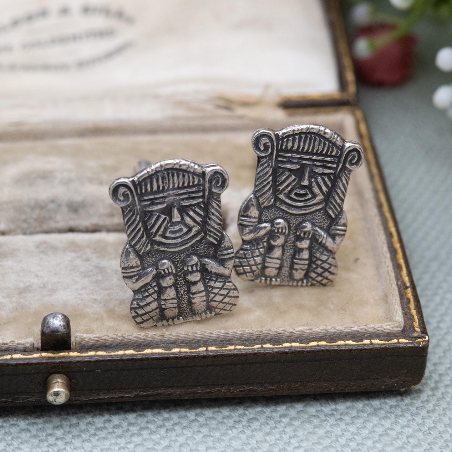 Vintage Silver Peruvian Figure Bullet Back Cufflinks - Textured Deity Character | Gift for Him