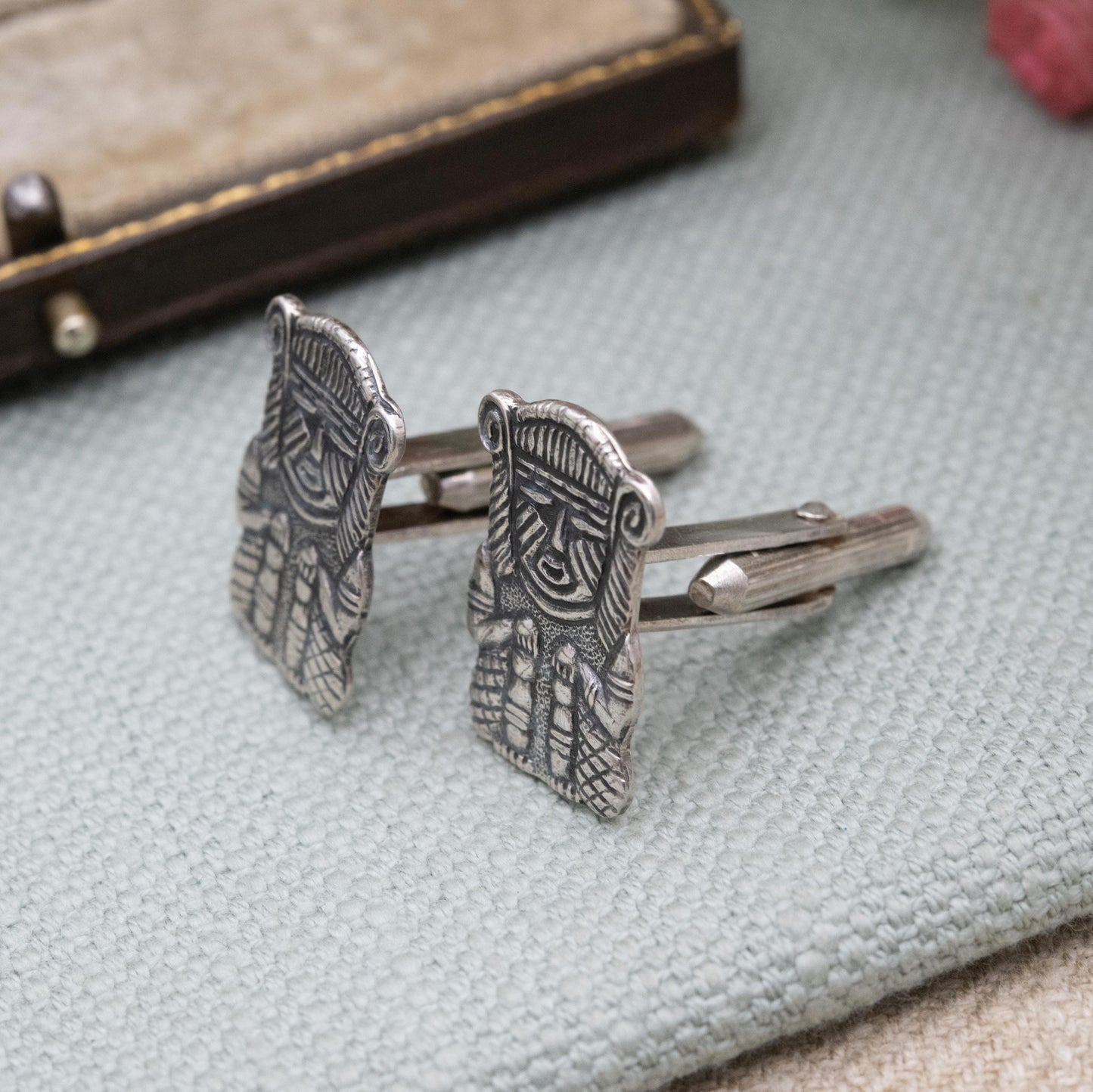 Vintage Silver Peruvian Figure Bullet Back Cufflinks - Textured Deity Character | Gift for Him