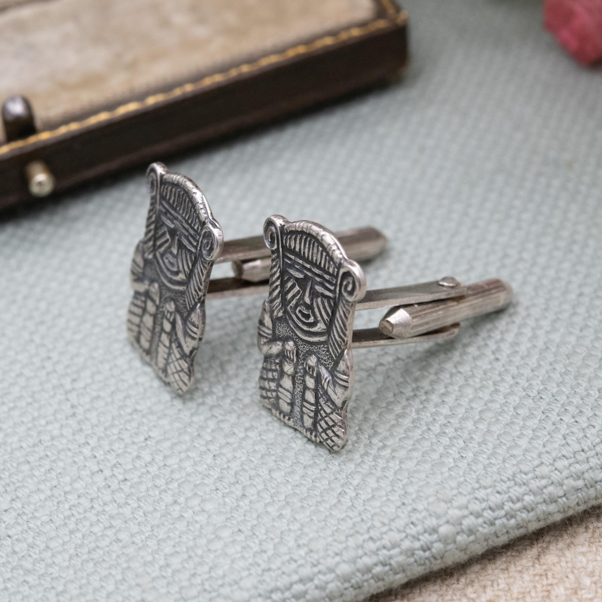 Vintage Silver Peruvian Figure Bullet Back Cufflinks - Textured Deity Character | Gift for Him