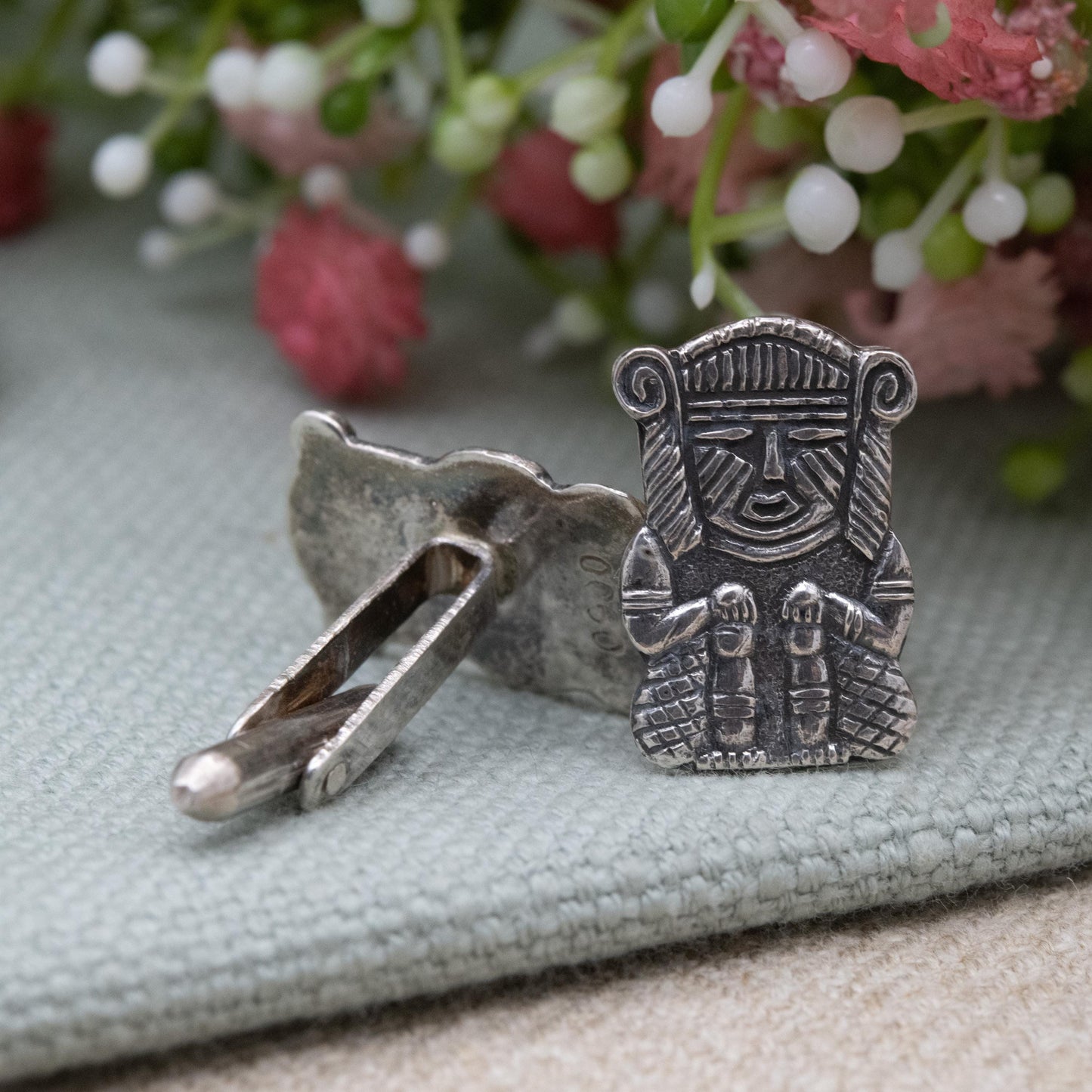 Vintage Silver Peruvian Figure Bullet Back Cufflinks - Textured Deity Character | Gift for Him