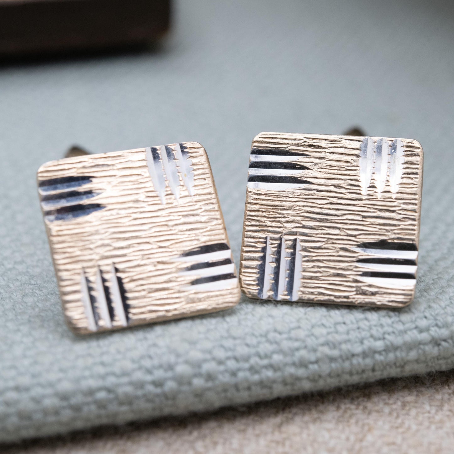 Vintage 9ct Gold on Silver Cufflinks 1975 with Bullet Backs - Diamond Cut Bark Effect Pattern Design | Gift for Him
