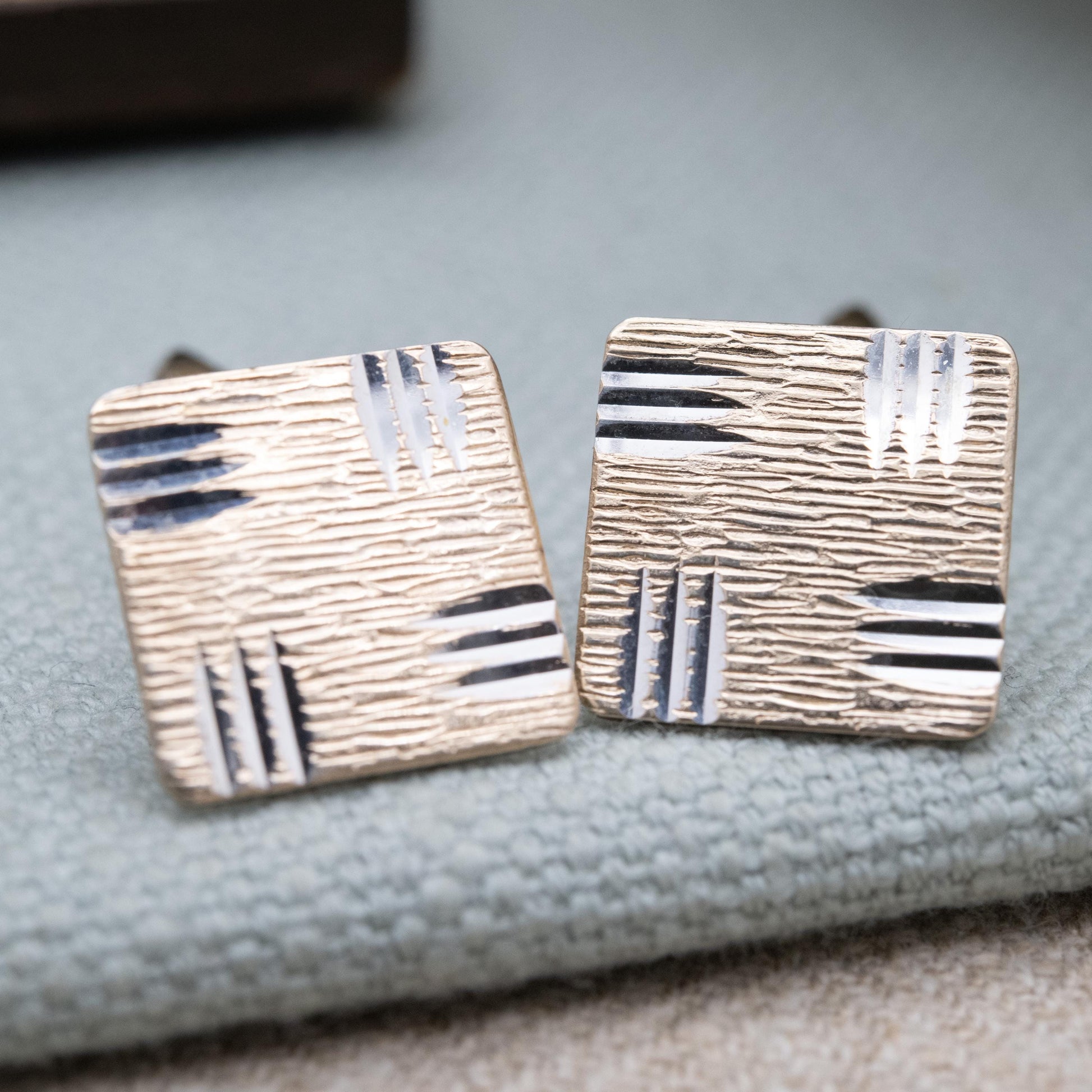 Vintage 9ct Gold on Silver Cufflinks 1975 with Bullet Backs - Diamond Cut Bark Effect Pattern Design | Gift for Him