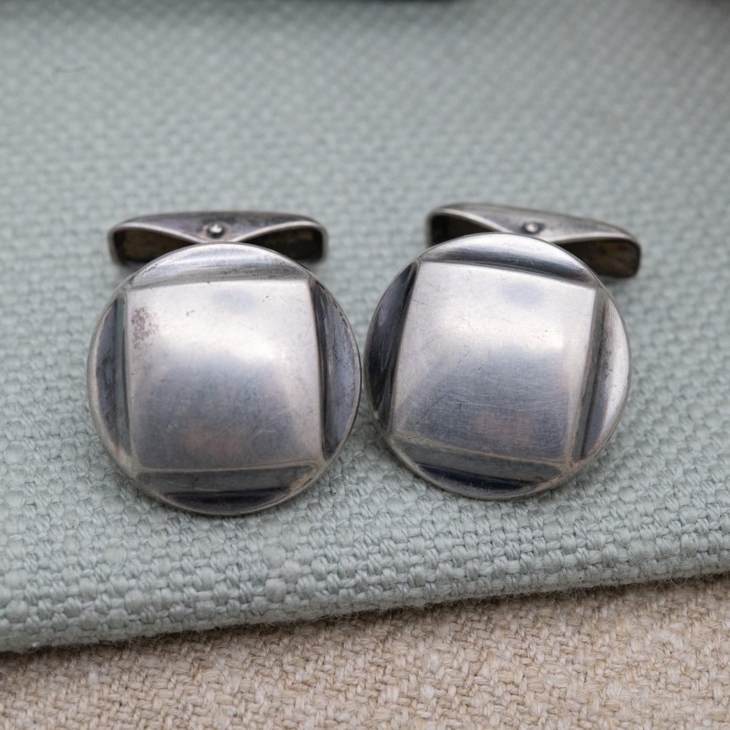 Vintage Finnish Silver Bullet Back Cufflinks by Tuntematon Okand Pori - Made in Finland Anvil Mark | Minimalist Round Square Design