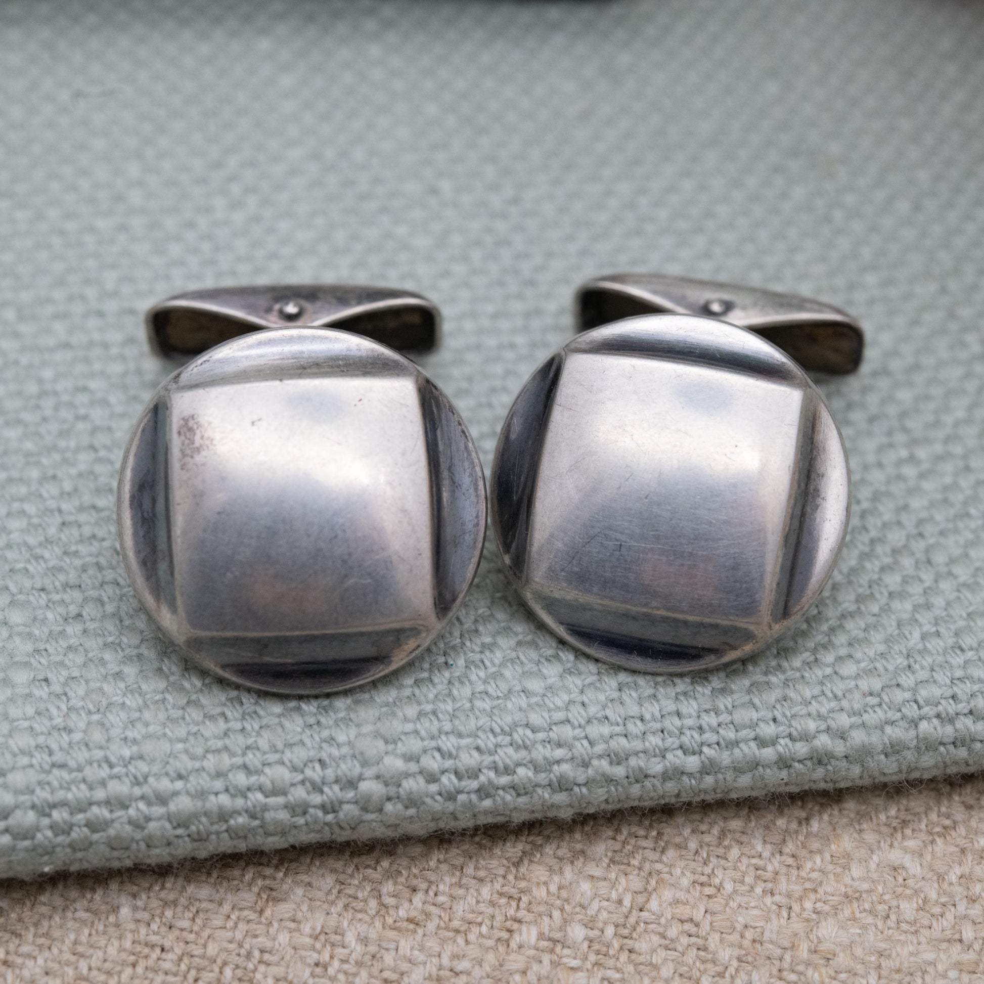 Vintage Finnish Silver Bullet Back Cufflinks by Tuntematon Okand Pori - Made in Finland Anvil Mark | Minimalist Round Square Design