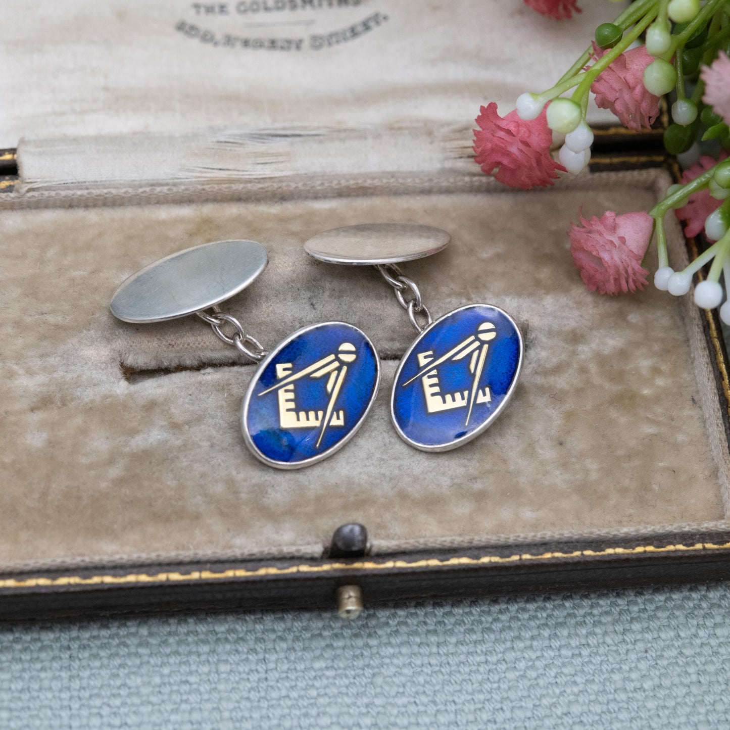 Vintage Sterling Silver Masonic Chain Link Cufflinks - Blue Enamel Square and Compasses Design | Gift for Him