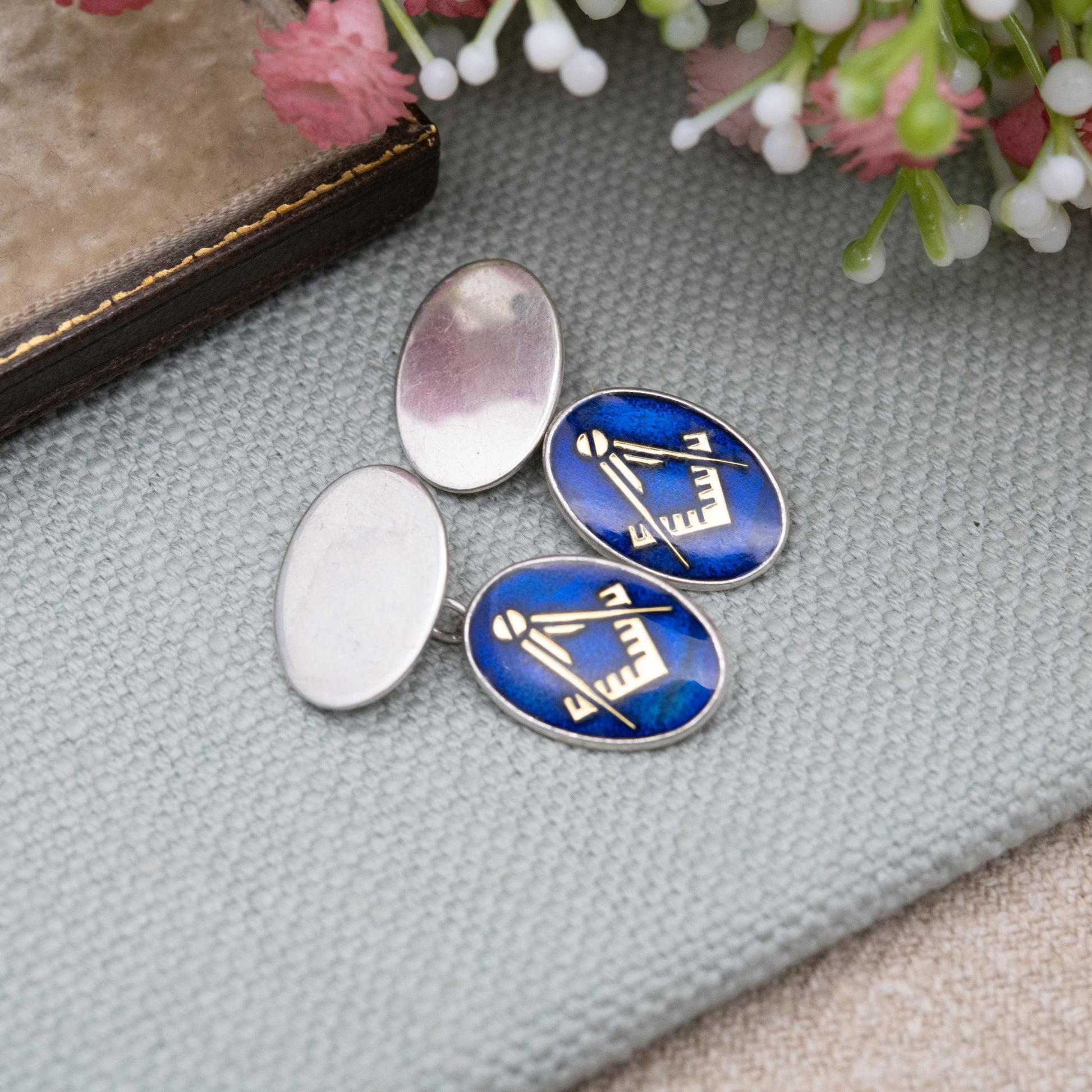 Vintage Sterling Silver Masonic Chain Link Cufflinks - Blue Enamel Square and Compasses Design | Gift for Him