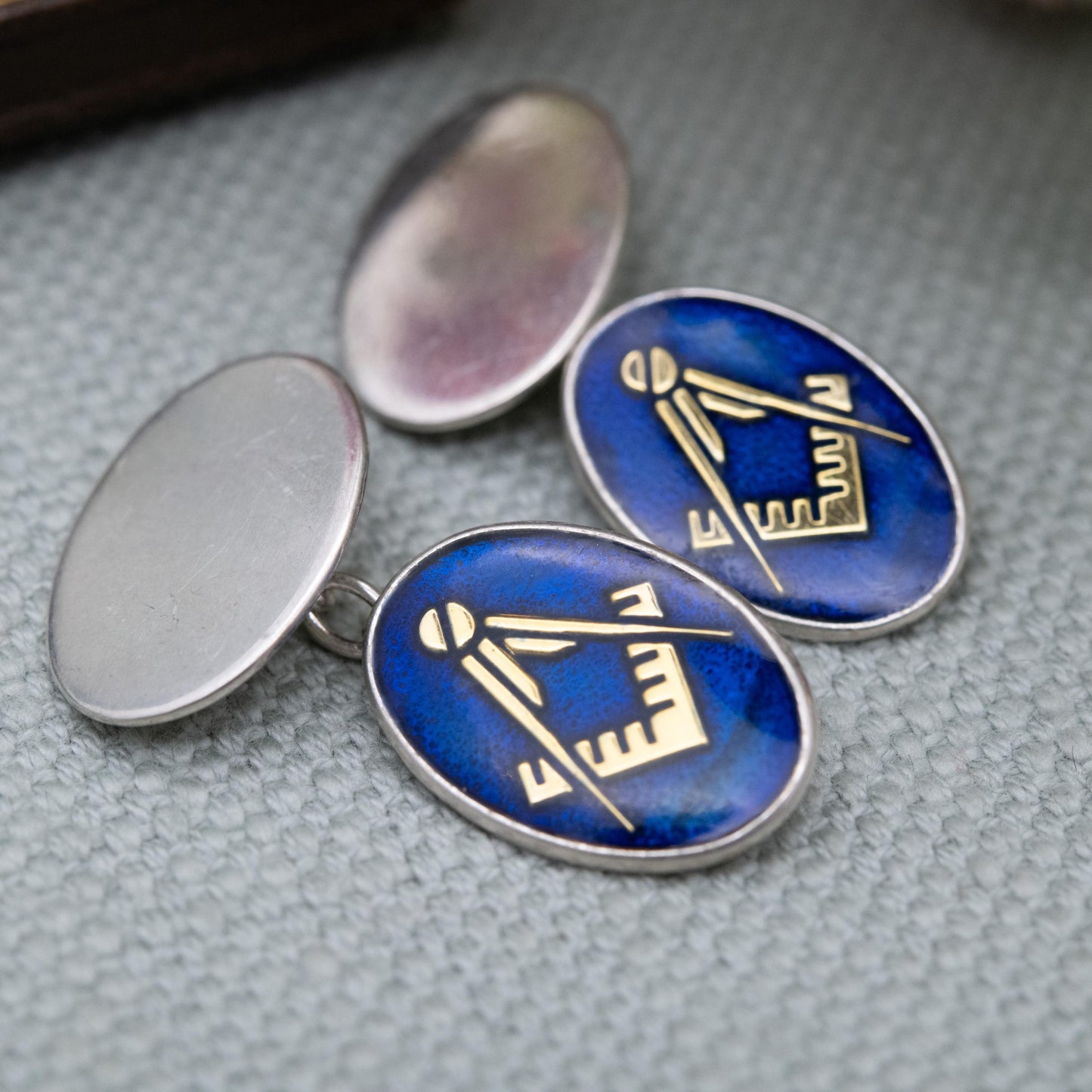 Vintage Sterling Silver Masonic Chain Link Cufflinks - Blue Enamel Square and Compasses Design | Gift for Him