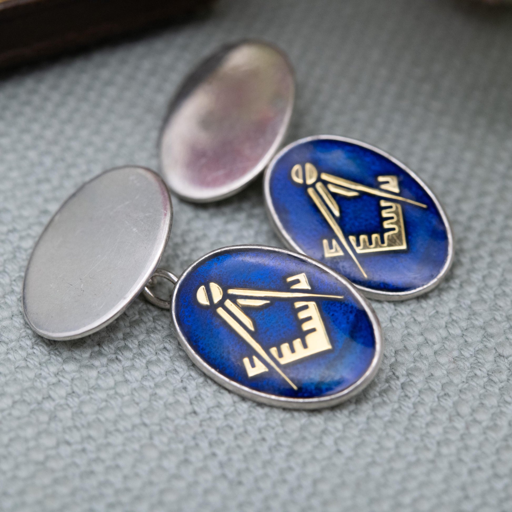 Vintage Sterling Silver Masonic Chain Link Cufflinks - Blue Enamel Square and Compasses Design | Gift for Him