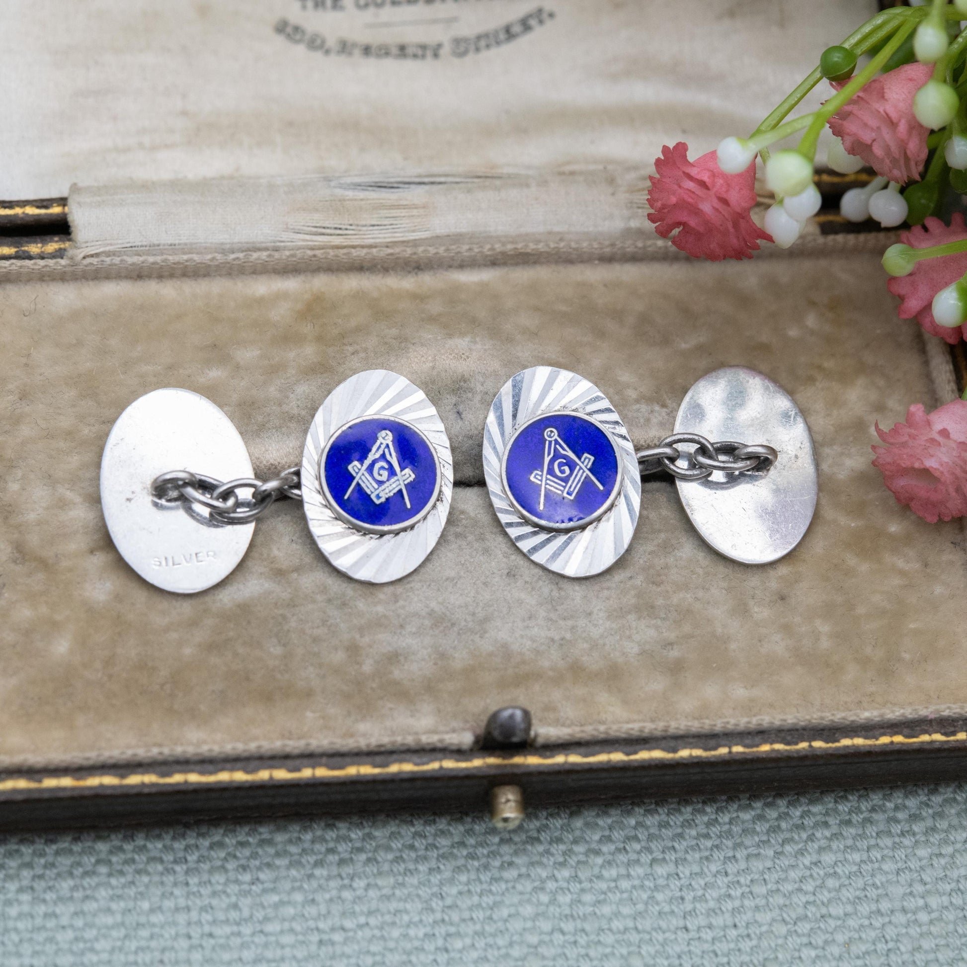 Vintage Sterling Silver Masonic Chain Link Cufflinks - Blue Enamel Square and Compasses Textured Geometric Pattern Design | Gift for Him
