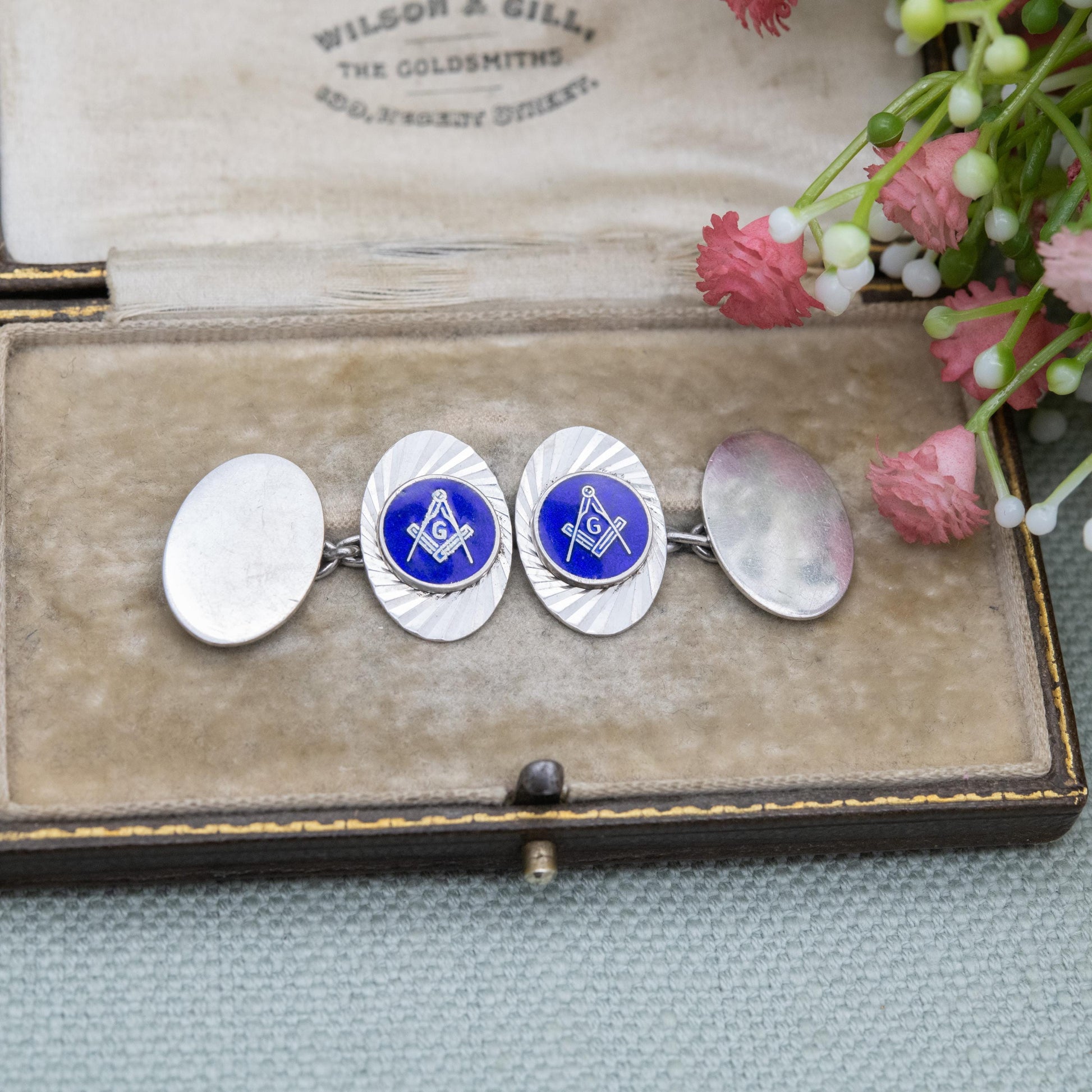 Vintage Sterling Silver Masonic Chain Link Cufflinks - Blue Enamel Square and Compasses Textured Geometric Pattern Design | Gift for Him